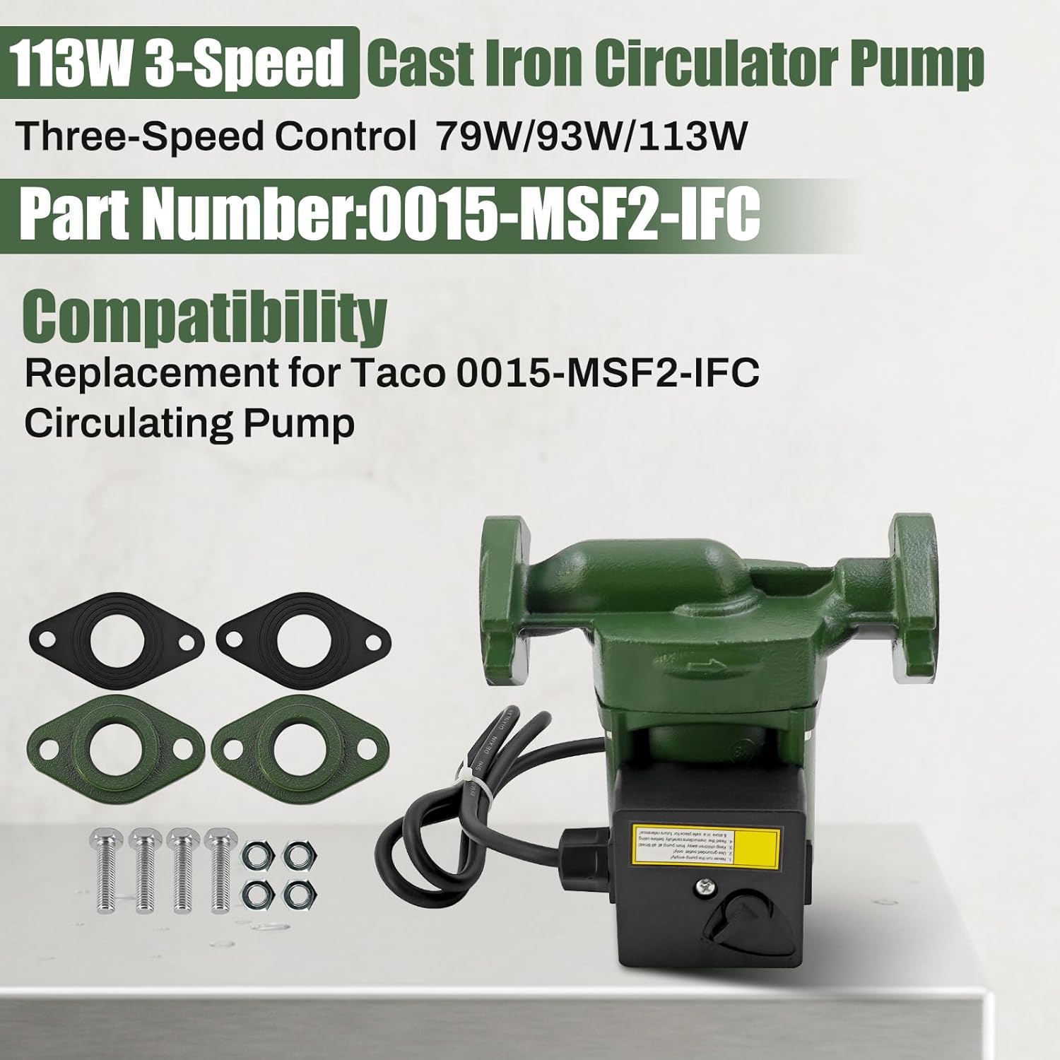 0015-MSF2-IFC 113W 115V 3-Speed Circulator Pump Replacement for Taco 0015-MSF2-IFC Cast Iron Circulating Pump with Flange Gaskets for 1/20HP 125Psi 60HZ 18GPM
