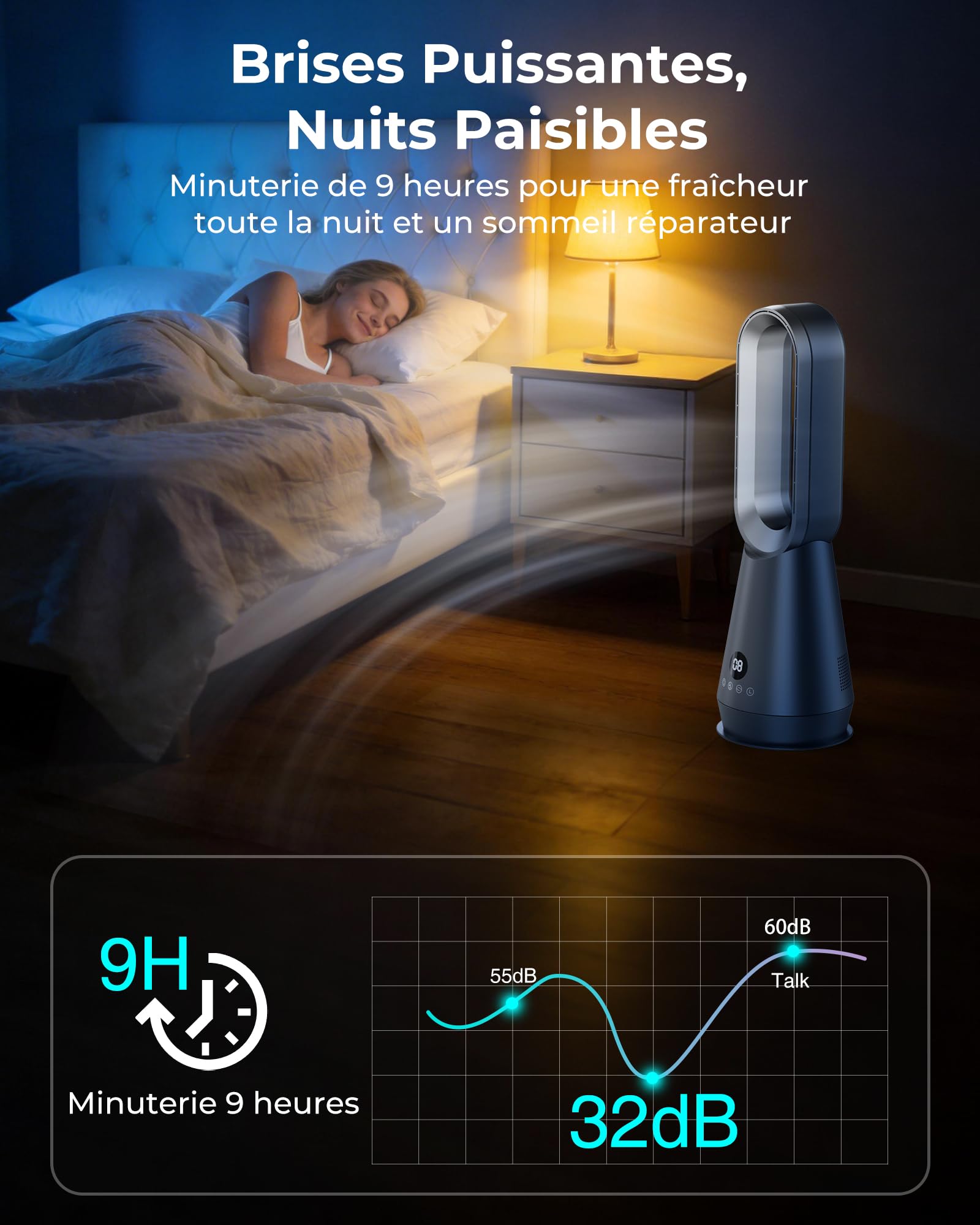 22" Ventilateur Sans Pale, Ventilateur Colonne Purificateur D'air Avec Télécommande, 8 Vitesses, Minuterie 9H, Silencieux pour Chambre, Maison, Bureau, Gris Argenté