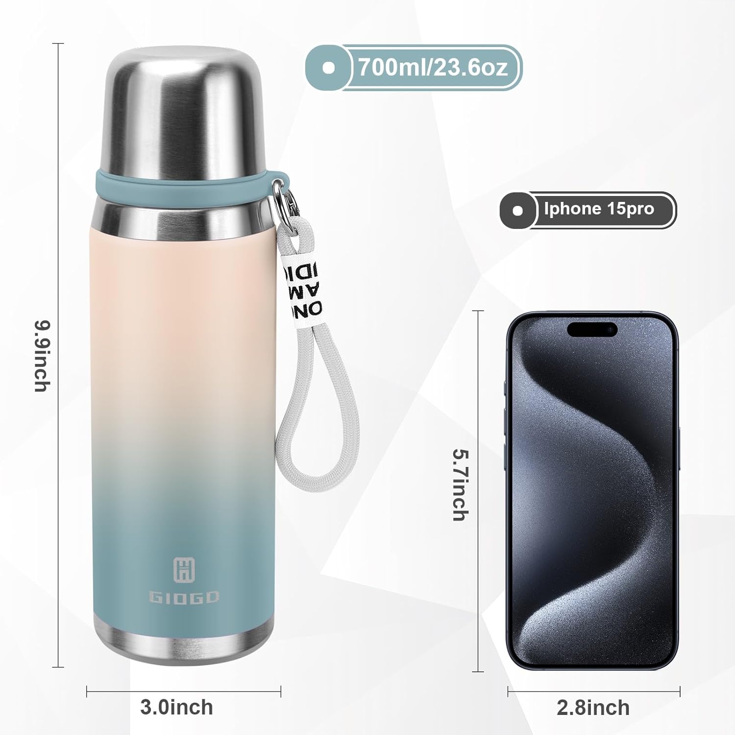 Stainless Steel thermo Bottles with cup 700ml/23.7oz Vacuum Insulated Bottle for hot and cold coffee drink water thermo flask with cup.(Gradient Blue,700ml) - Image 2
