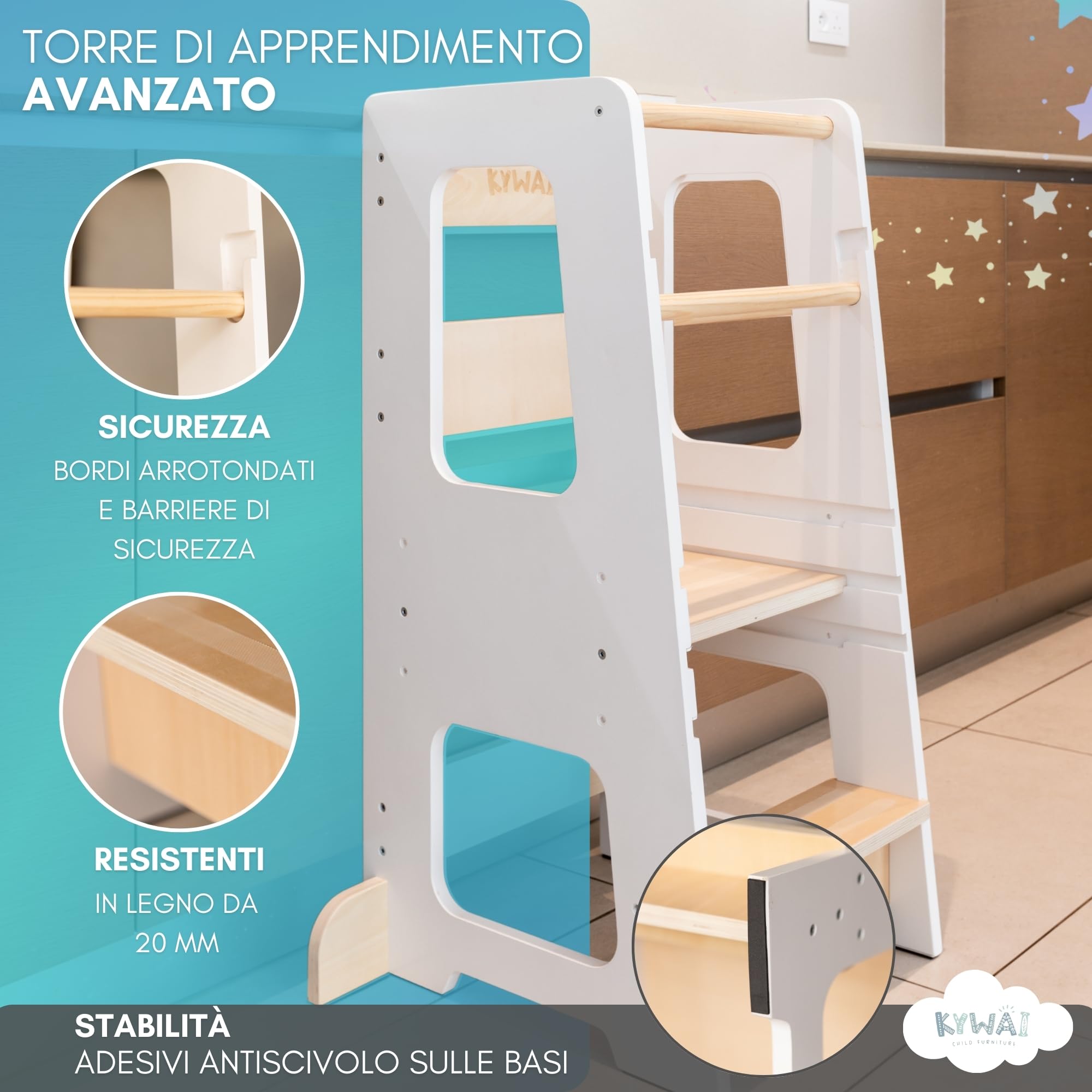 KYWAI ® Torre Montessoriana bambini in Legno - Torretta Montessoriana - Torre Montessori - Scaletta Bambini - Learning Tower - Scaletta Montessori per bambini (Bianco)
