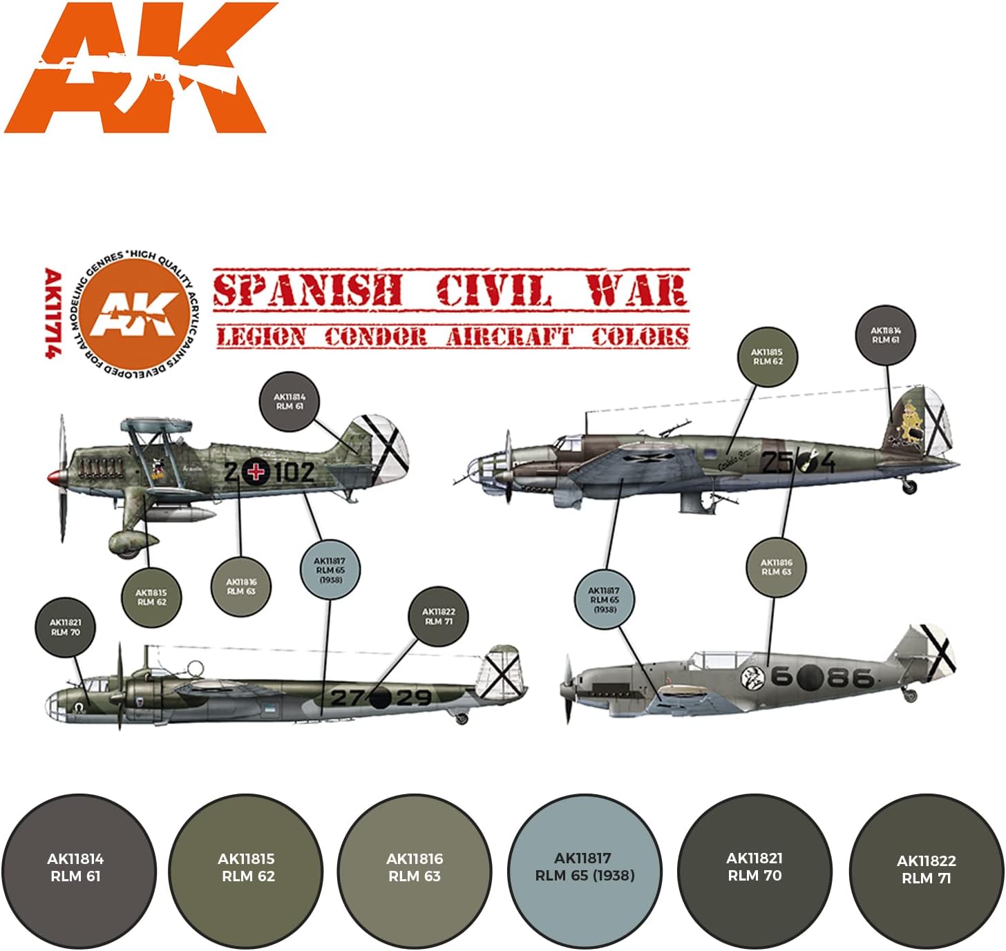 AK Acrylics 3Gen Aircraft Set AK11714 Spanish Civil War. Legion Condor Aircraft Set 3G (6x17ml)