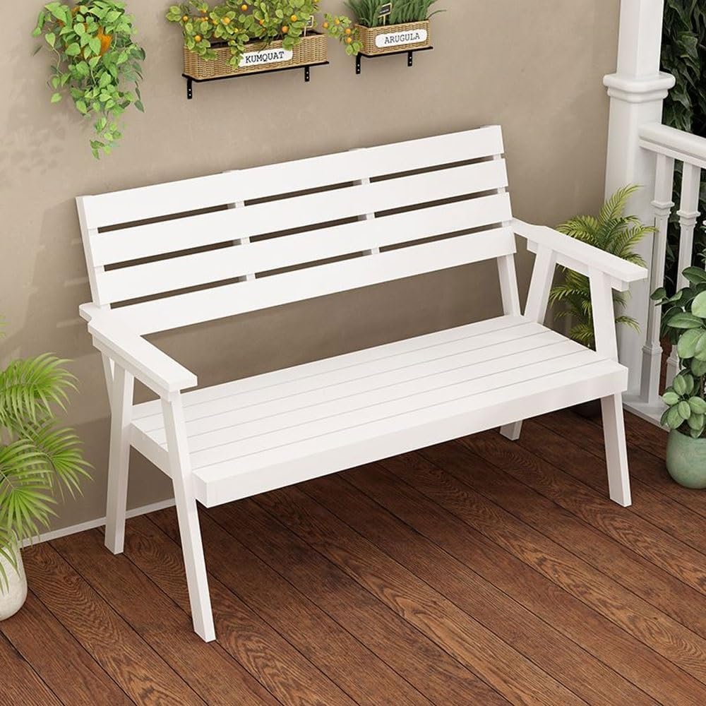 Solid Wood Outdoor Bench for Front Porch, Decorative Garden Bench for Backyard, Entryway or Deck Seating, Weather-Resistant Patio Furniture(White)