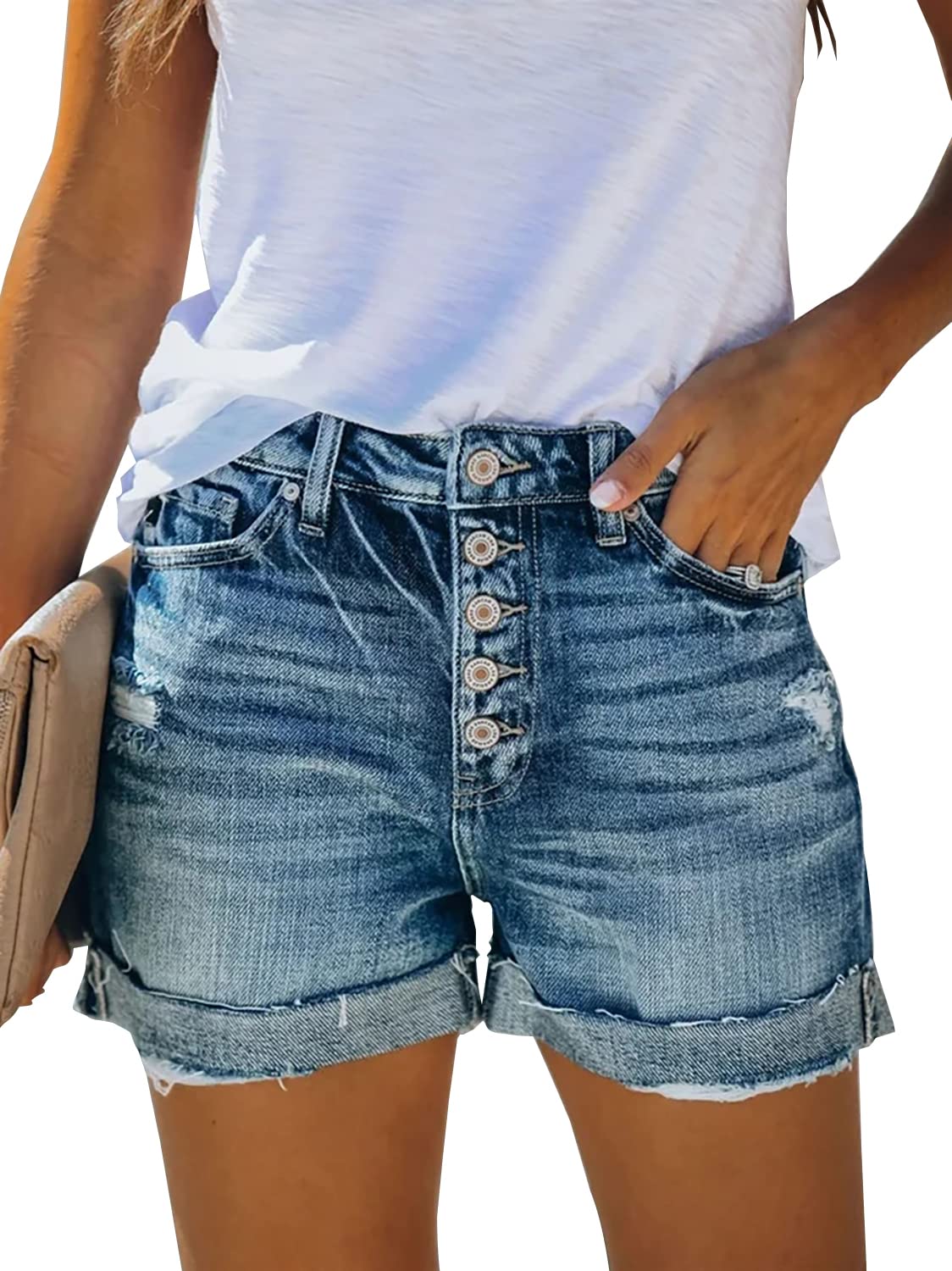 onlypuff Women's Ripped Mid Waisted Denim Shorts with Pockets