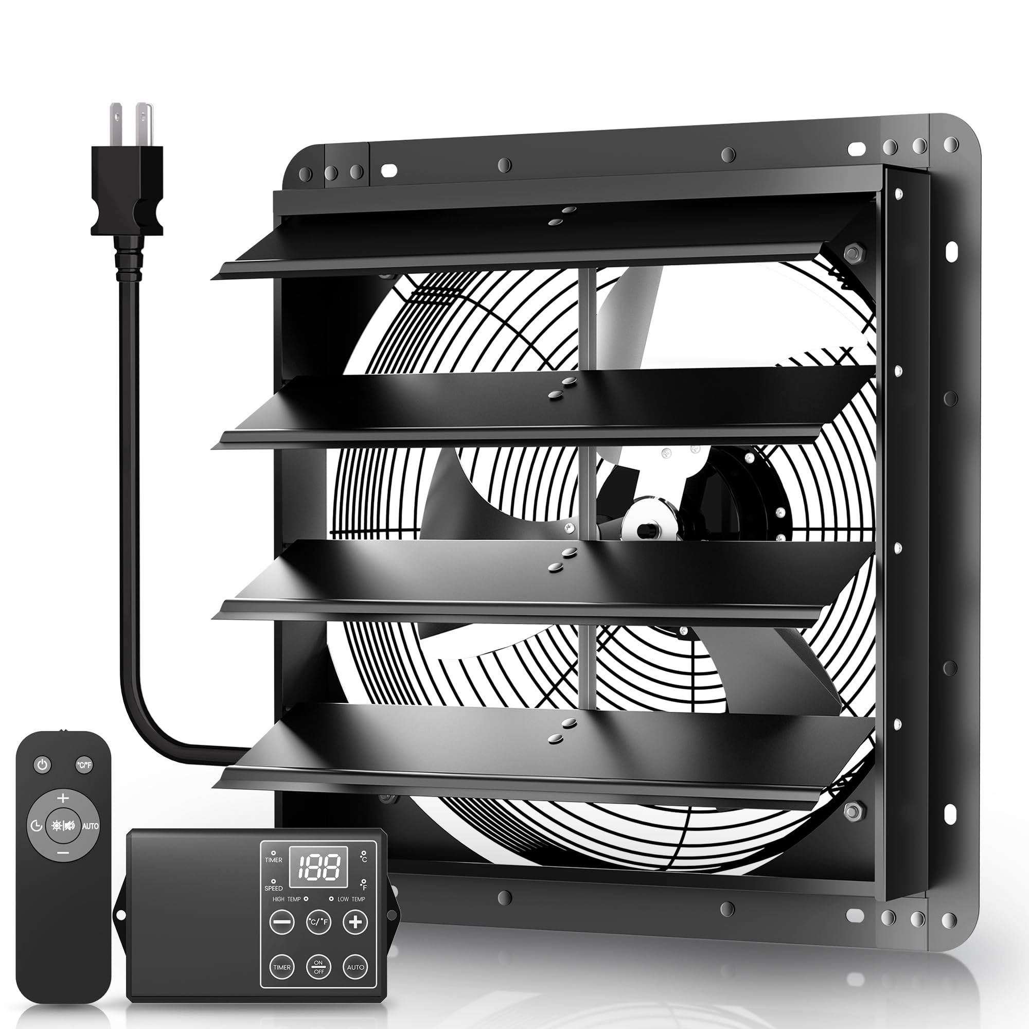 Xcity 12" Shutter Exhaust Fan with 6 ft Power Cord, AC Motor Attic Fan, Smart Speed Remote Control (32.8ft Range), Auto Temp Timer, Vent Fan for Home,