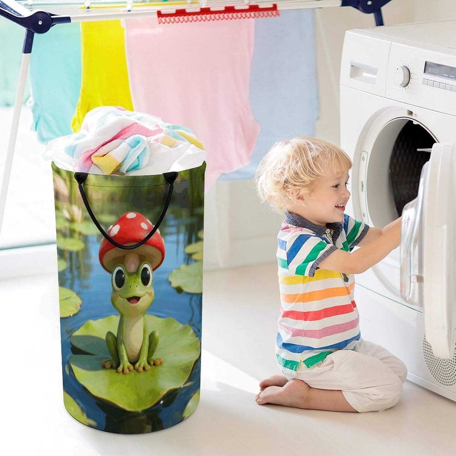 Cute Frog Red Mushroom Laundry Hamper Portable Lightweight Clothes Hampers Fashion Dirty Laundry Storage Basket Large Capacity Foldable Clothes Baskets for Bathroom Bedroom
