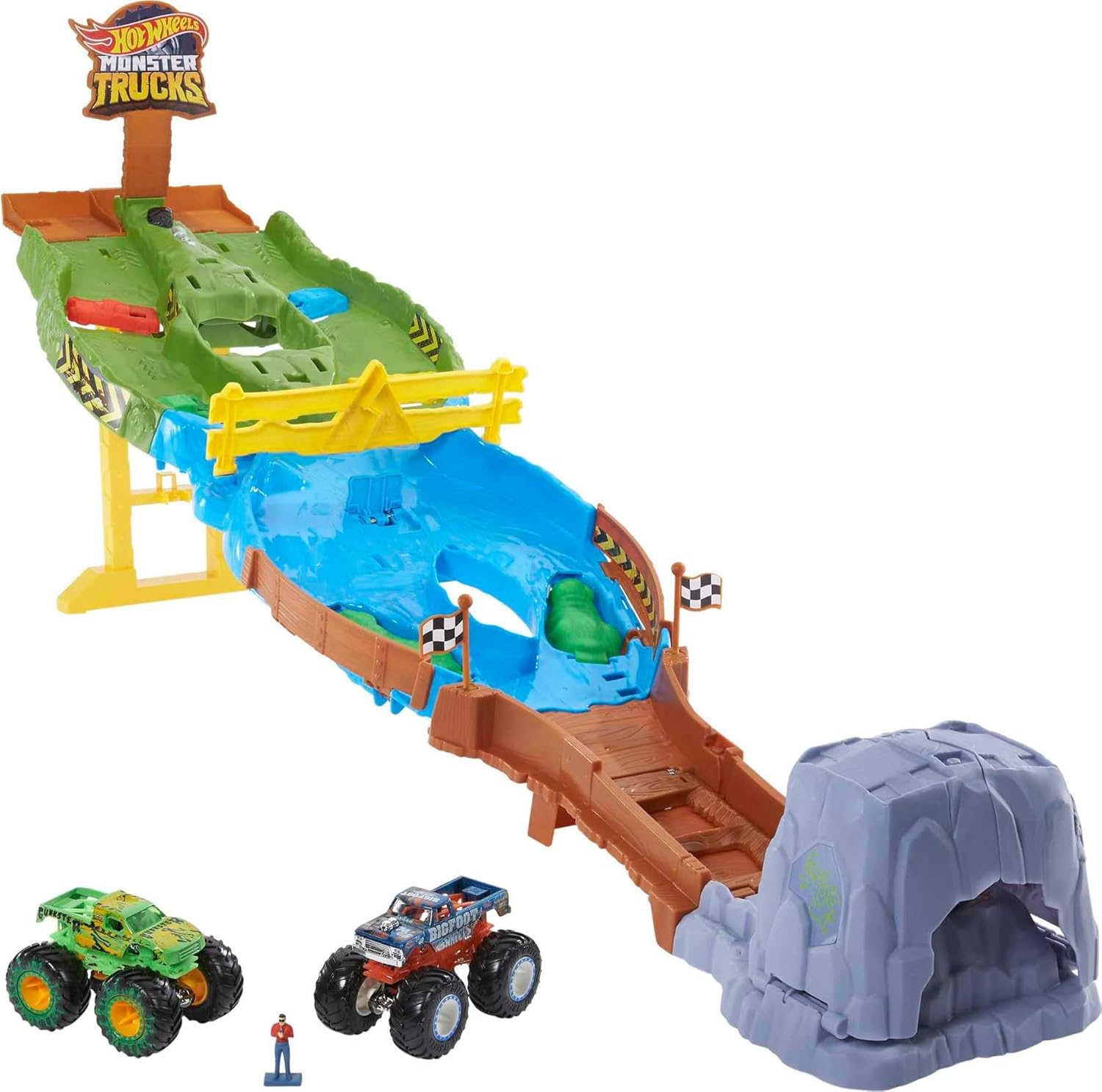 Hot Wheels Monster Trucks Playset with Monster Trucks Bigfoot & Gunkster, Convenient Storage, Wreckin’ Raceway Raceway Playset