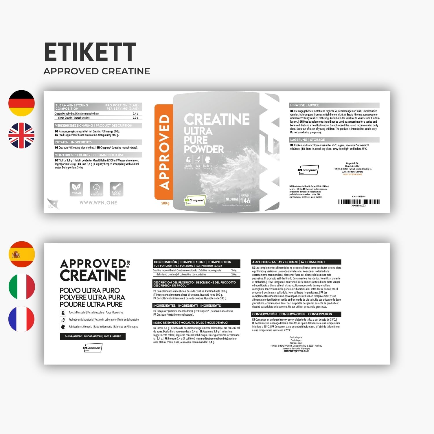 WFN Approved Creatine - Creapure - Creatin Monohydrat Pulver - 500g Dose - Reines Kreatin Pulver - Vegan - Neutral & Ohne Zusätze - 146 Portionen - Made in Germany - Extern laborgeprüft