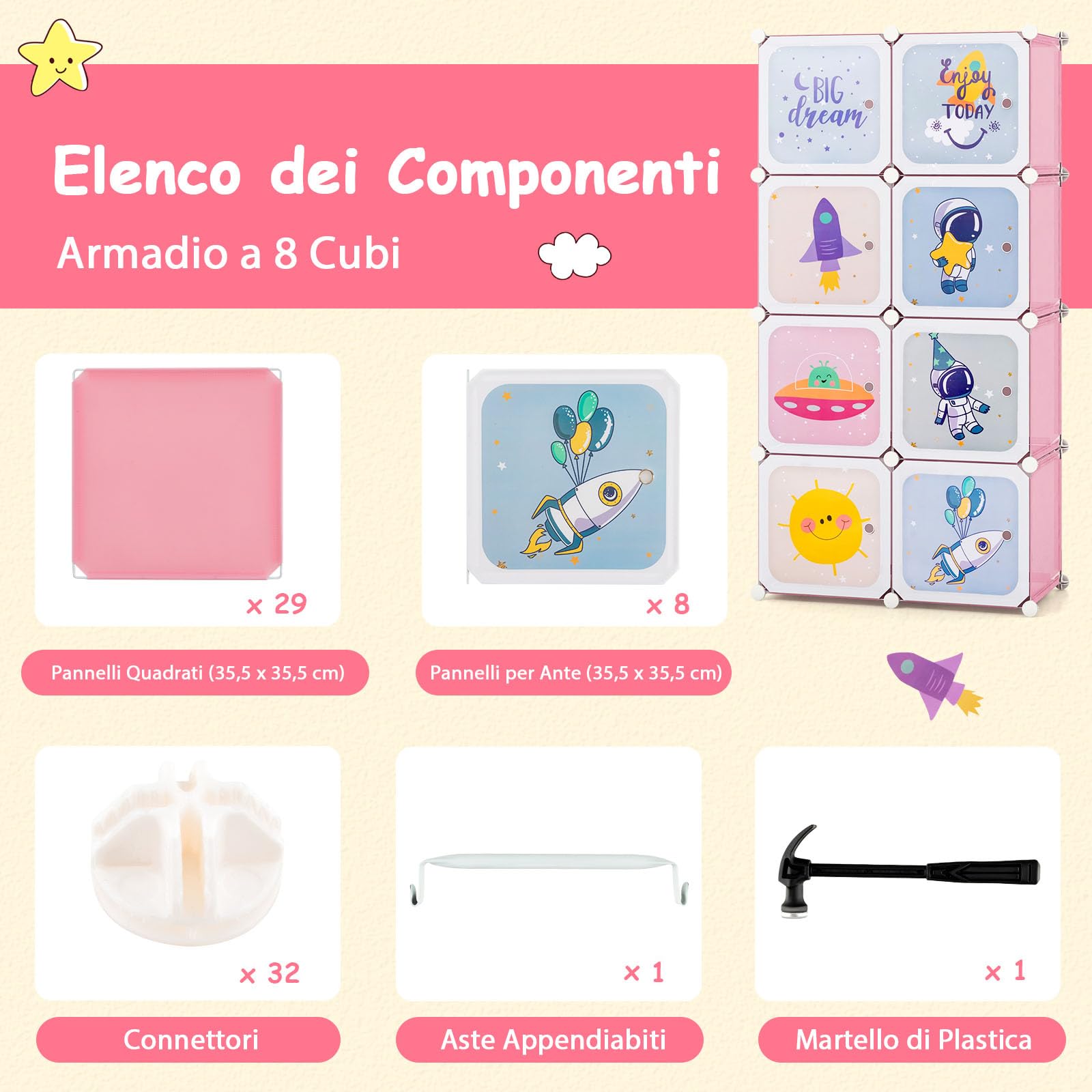 COSTWAY Armadio Portatile per Bambini, Organizzatore Modulari per Bambini a 8 cubi con Ante e Sezione Appendiabiti, Guardaroba Portatile per Sala Giochi Camera da Letto Asilo, 71x35,5x142 cm (Rosa)