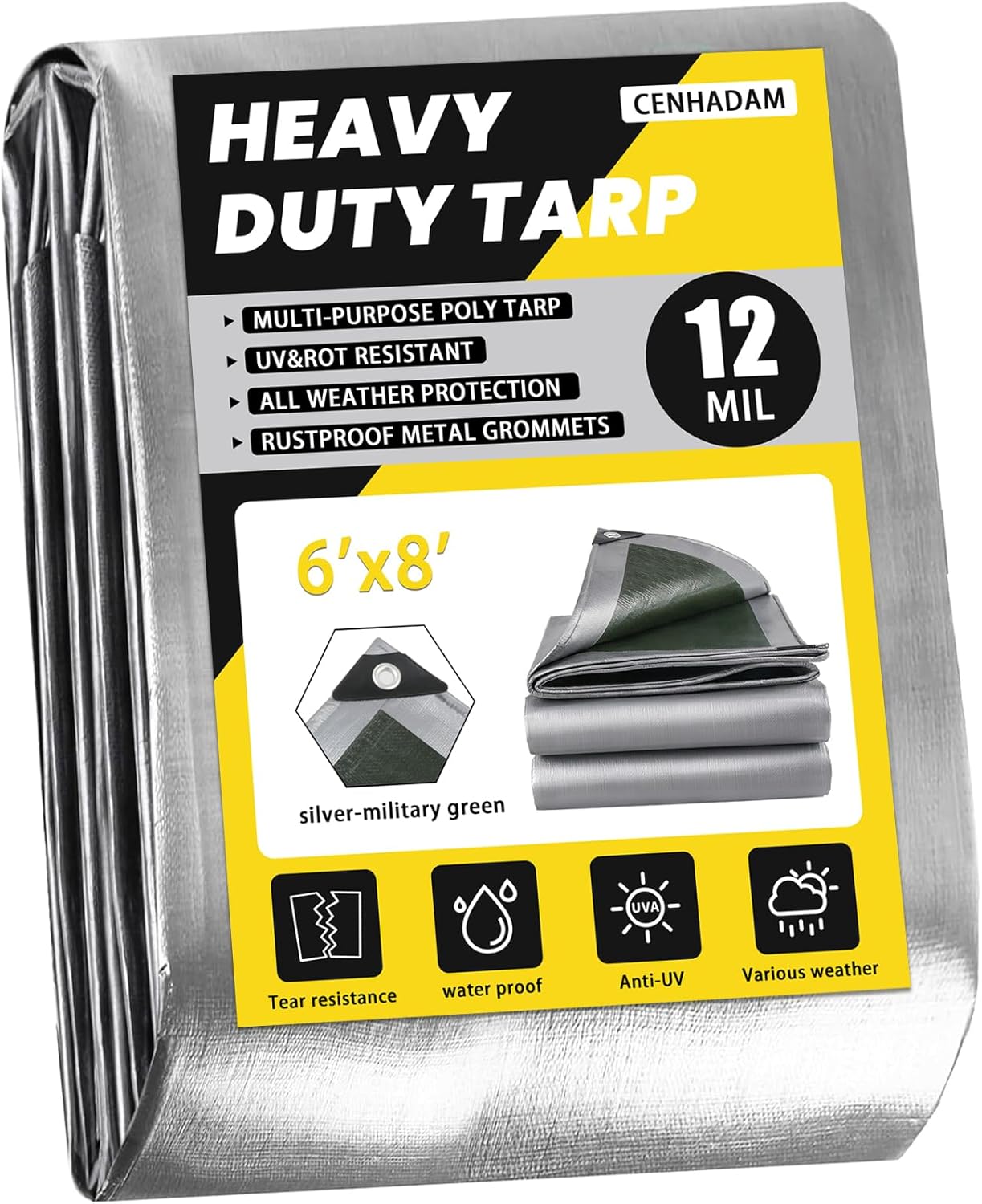 Tarp Waterproof 6x8-Heavy Duty Tarp,12 Mil Thick Cover Waterproof Plastic Tarpaulin with Grommets,OutdoorTarps Heavy Duty Waterproof Uv-Resistant/Tear Proof for Pool,Camping,Boat,Patio 6'x8'