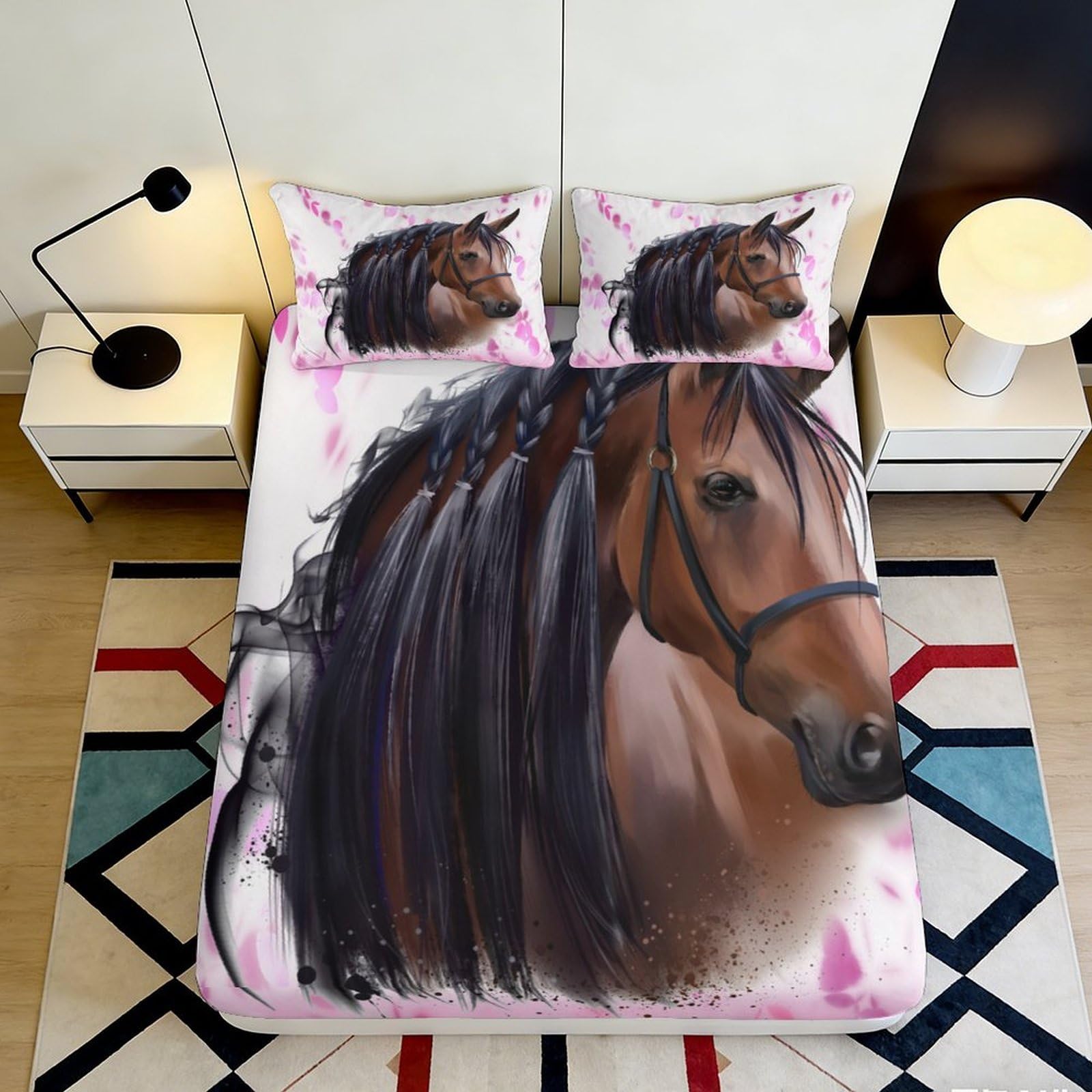 3D Printed Brown Horse Portrait Fitted Sheet Microfiber Anti-Slip Mattress Cover for Bedroom Dorm Easy Care Decor 180x200x25cm