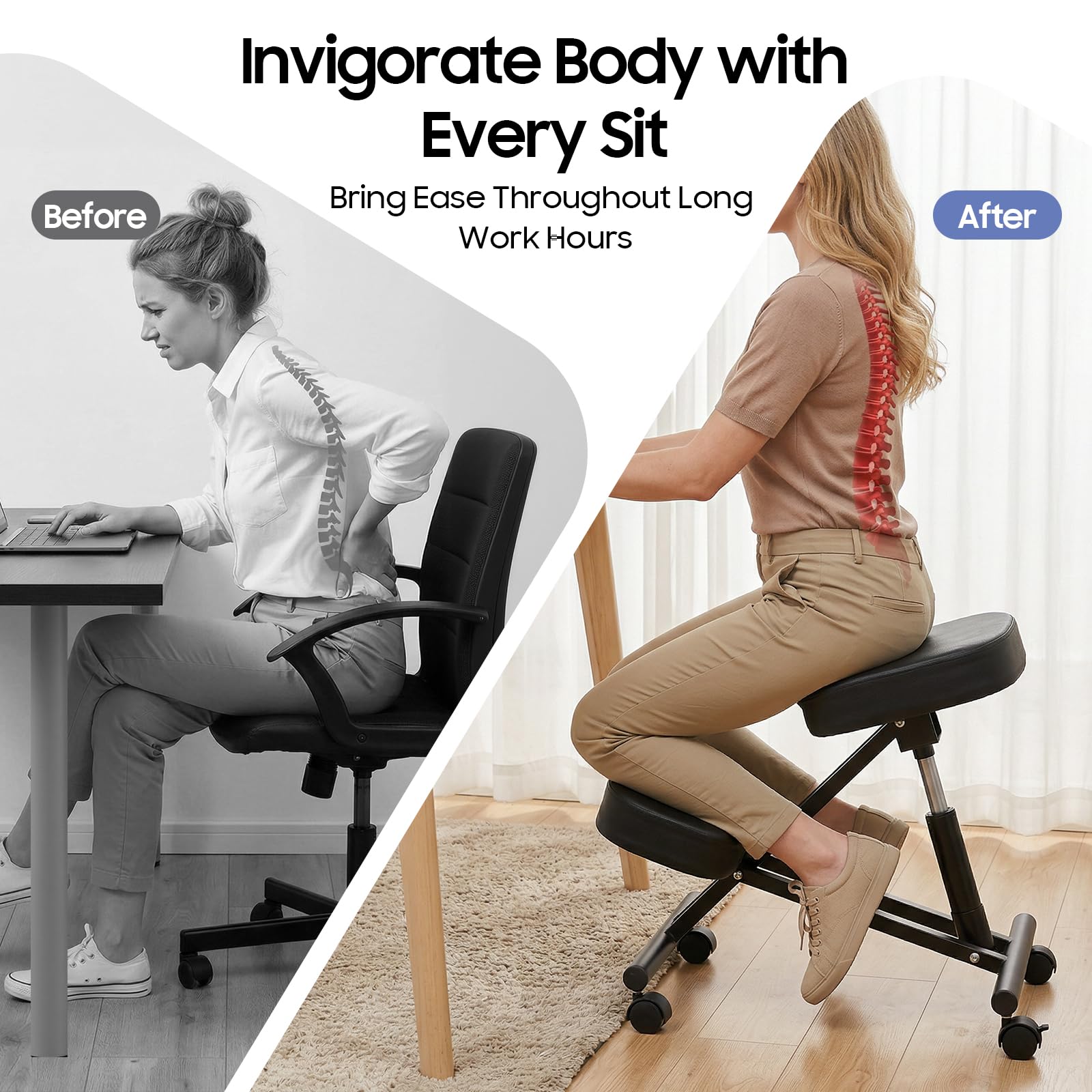 Chaise genoux, ergonomique, avec roulettes et réglage de la hauteur, capacité de charge de 100 kg, chaise de bureau, pour correction de la posture, tabouret avec coussin d'assise respirant
