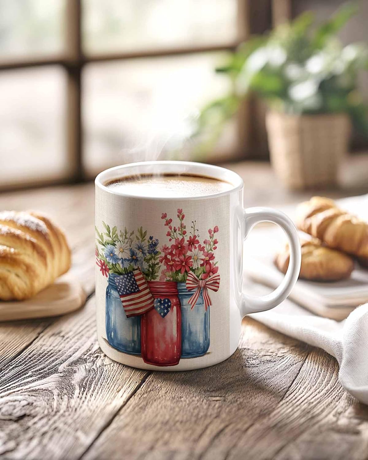 BEMIGO Ceramic Coffee Mug Farmhouse Floral Ceramic Mug White Cup, 4th of July Insulated Coffee Cup with Handle with Pattern Perfect for Tea and Hot Beverages, 12oz