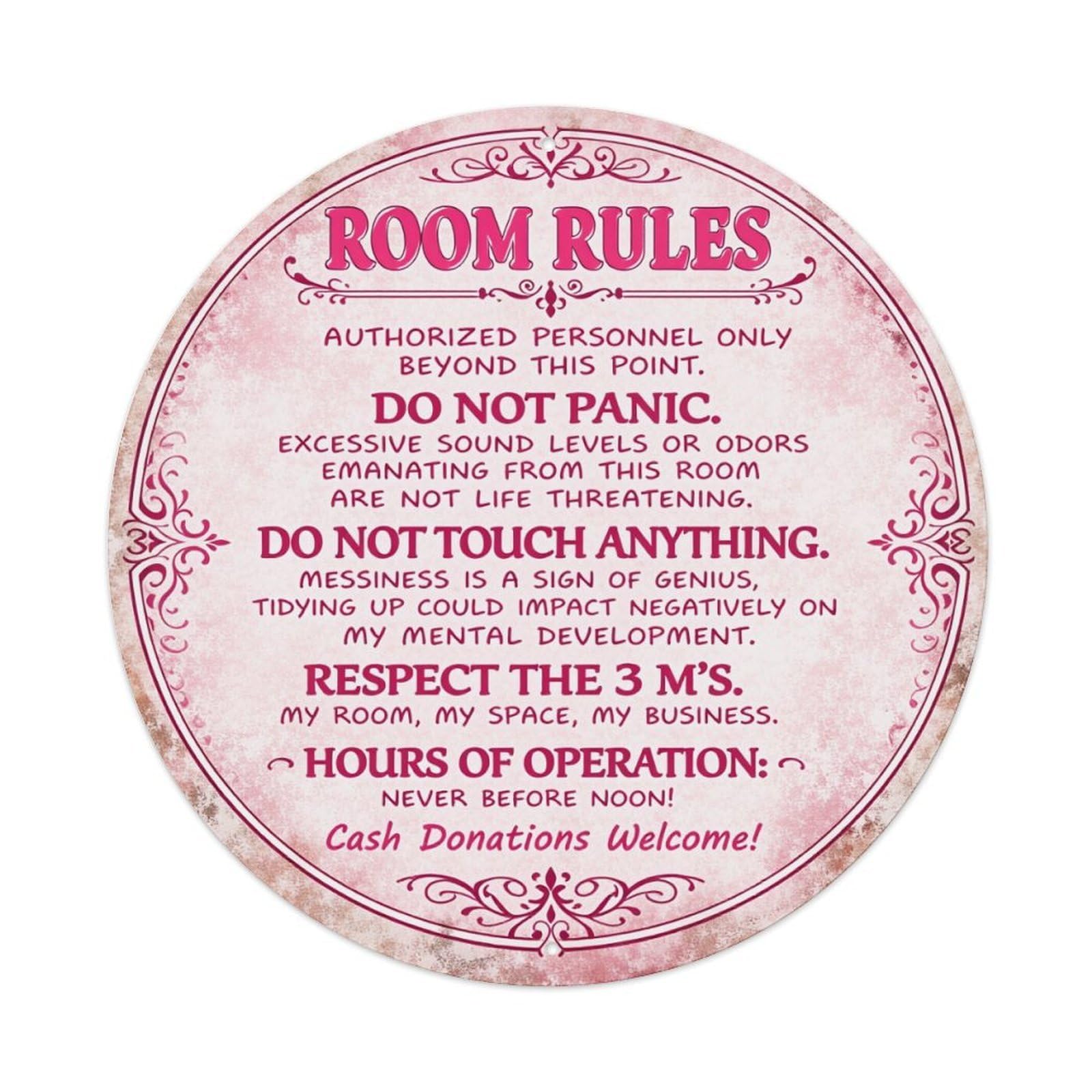 Room Rules Sign Pattern Print Round Tin Sign Retro Metal Sign for Cafe Bar Pub Home Game Room Gym Club Wall Decoration Vintage Metal Poster 8x8 Inch