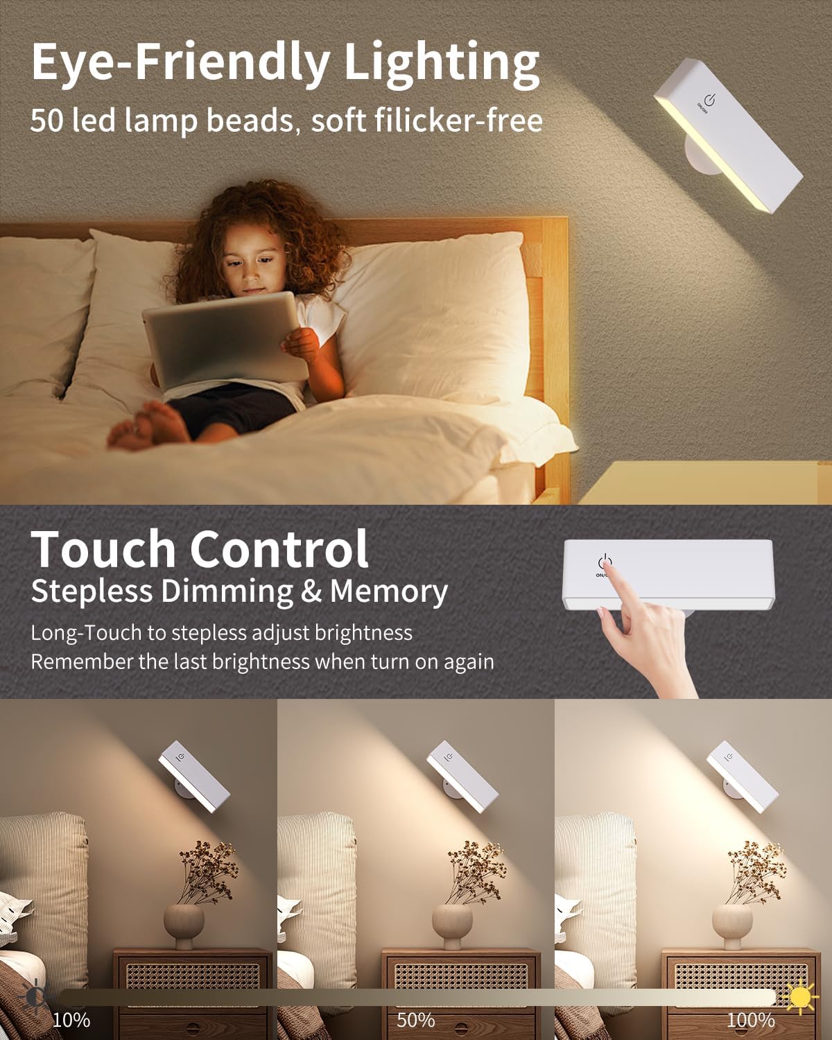 2 Pcs Rechargeable Wall Lights for Bedroom, Wireless Battery Operated Wall Sconces Set of 2, White 360° Rotate Magnetic Wall Mounted Lamp for Bedside, Picture, Vanity
