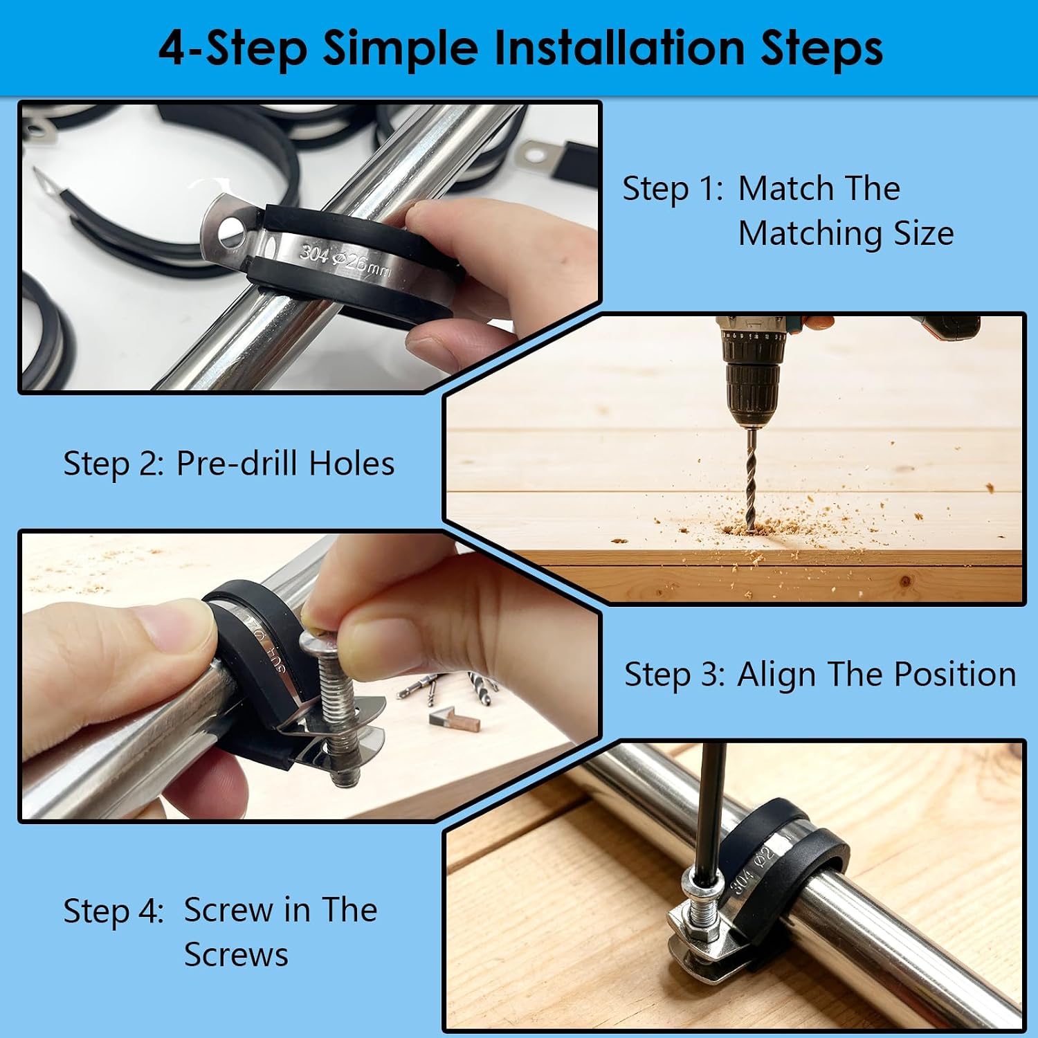 200 Pcs Stainless Steel Cable Clamp, 16 Sizes No Damage Plumbing Pipe Clamp
