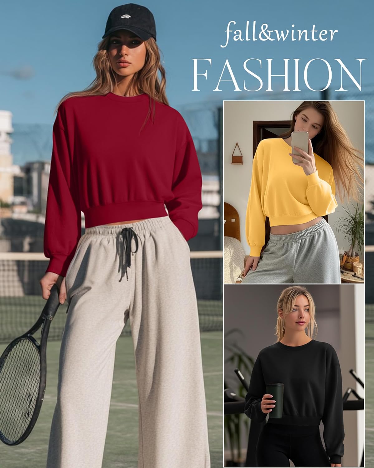 4 Pack Womens Long Sleeve Cropped Sweatshirts Crew Neck Loose Fit Pullover Thermal Tops - Image 4