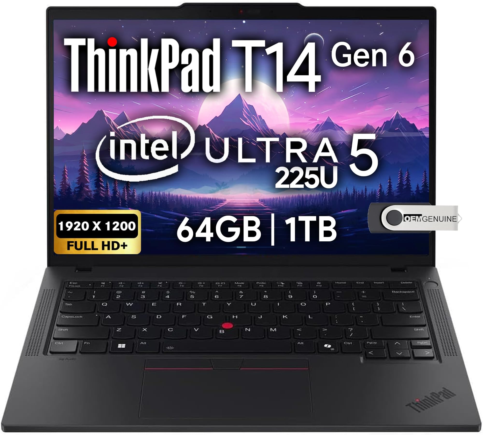 ThinkPad T14 Gen 6 Business Laptop 14" FHD+ IPS, Intel Ultra 5 225U, 64GB DDR5 RAM, 1TB SSD, 5MP HD Webcam, Fingerprint, Backlit, Wi-Fi 6E, 2 Thunderbolt 4, AI PC