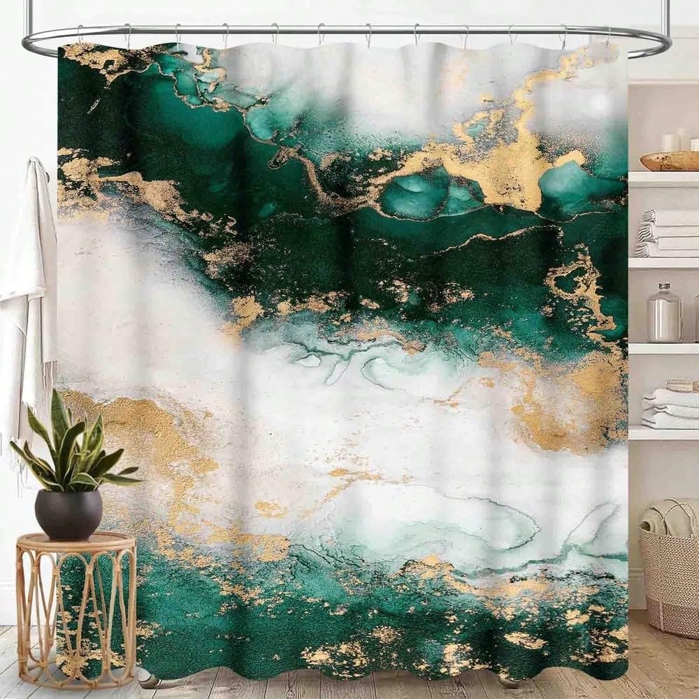 GLKSDLPO Luxury Shower Curtain For Bathroom Decor - Emerald Green Gold Glitter Foil Print, Abstract Unique Wet Room Shower Curtains(300x200cm/118x79in(WxH)