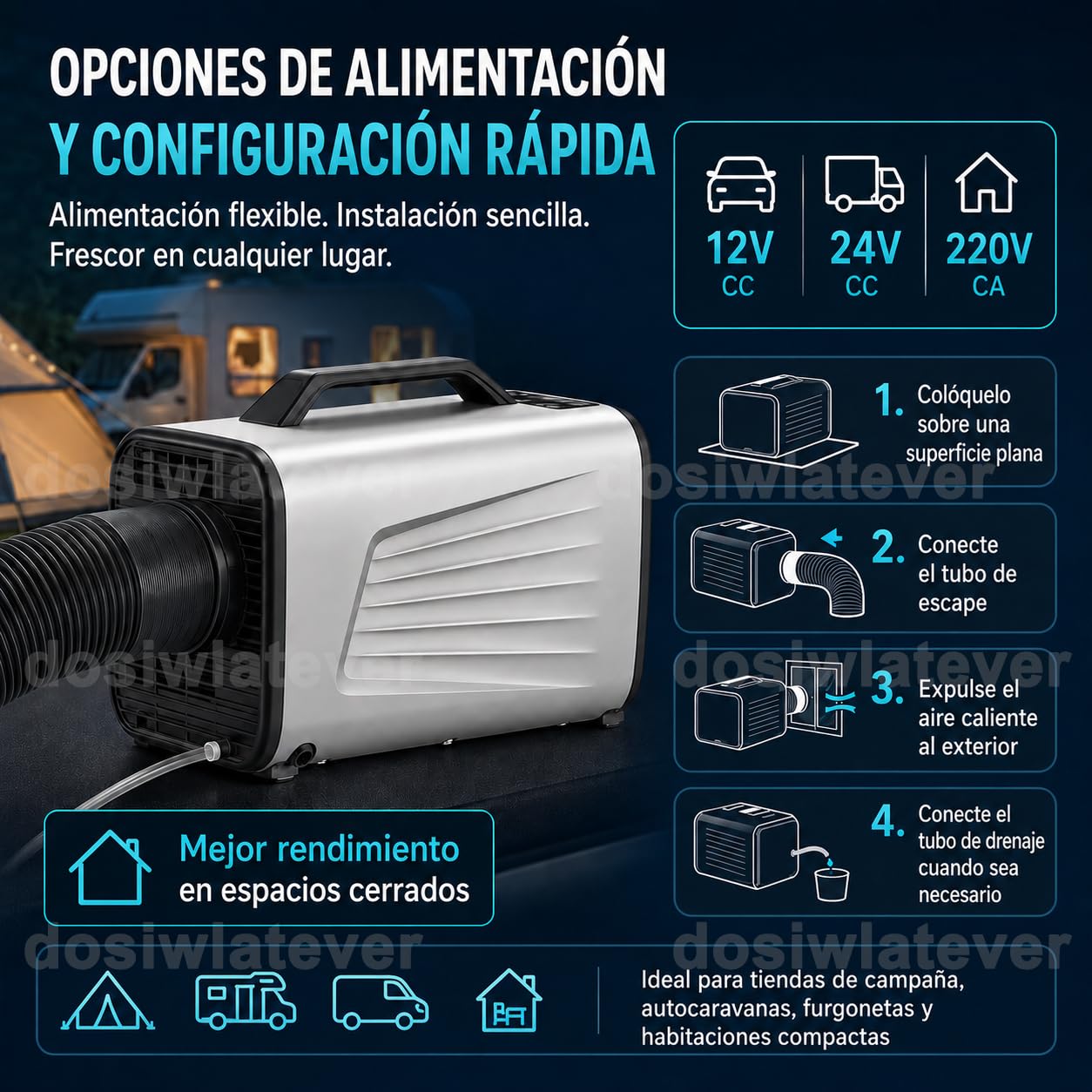 Aire Acondicionado Camping Portátil 5200 BTU, 12V/24V/220V, Enfriamiento Rápido, 3 Velocidades, Temporizador 24h, Aire Acondicionado Caravana para Tienda, Coche, Camión, Camper y Casa Silver-12V