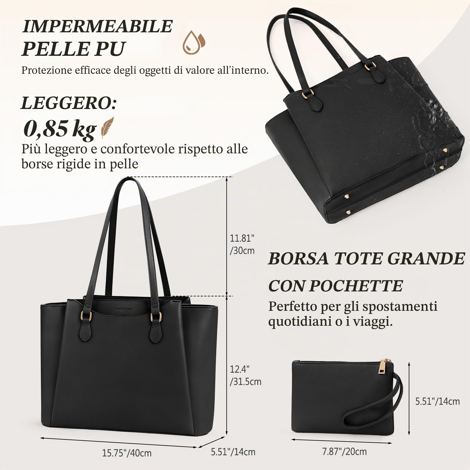 RAINSMORE Borsa Università Donna Grande Lavoro Donna 15.6 Pollici Borsa Porta Pc Impermeabile Pelle PU Elegante Tote Bag Tracolla per Ufficio Business