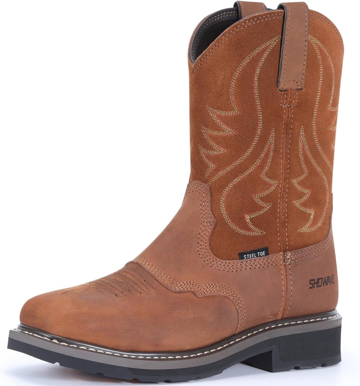 Steel Toe Cowboy Boots for Men Western Square Toe Work Boot Full-grain Leather Safety Boots with Hazard Protection for Construction Manufacture Farming, Light Brown, 11