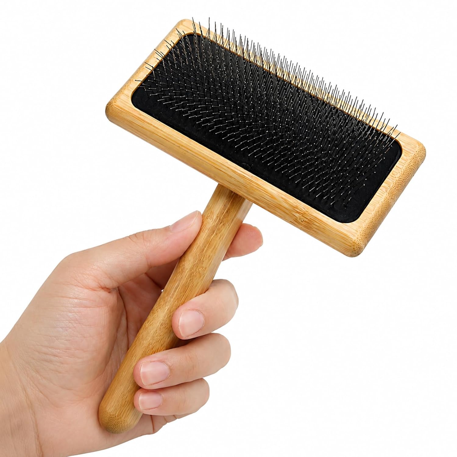 Bamboo Slicker Brush for Long Haired Dogs, Dog Brush for Doodles and Curly Coats, Detangling Grooming Brush for Daily Use with Ergonomic Handle