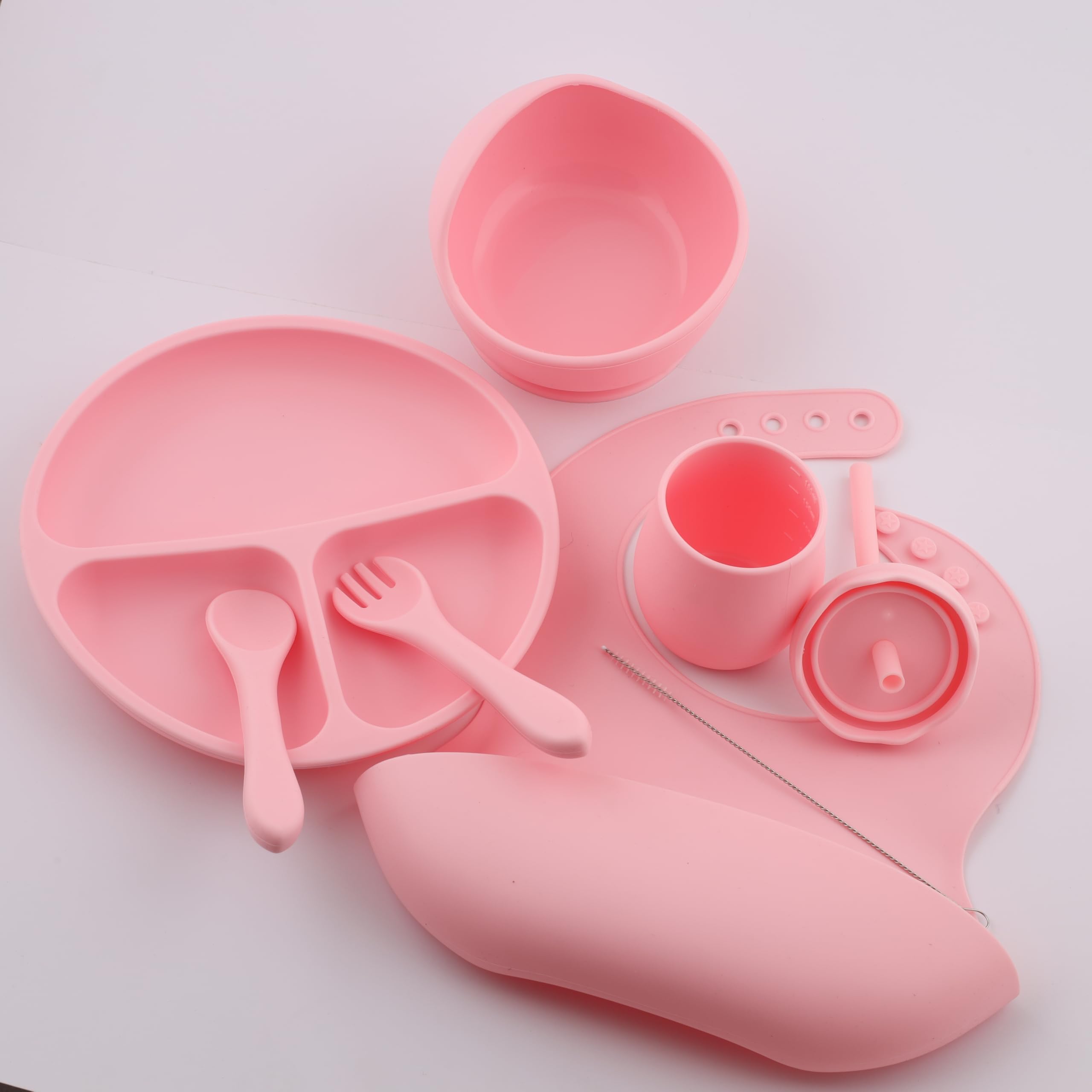 VAALYA TOYS Silicone Baby Feeding Set by Kidify -Divided Suction Plate - Suction Bowl - Adjustable Feeding Bib - Sip Cup with lid and Straw - Fork and Spoon - for Babies and Toddlers - Pink 2