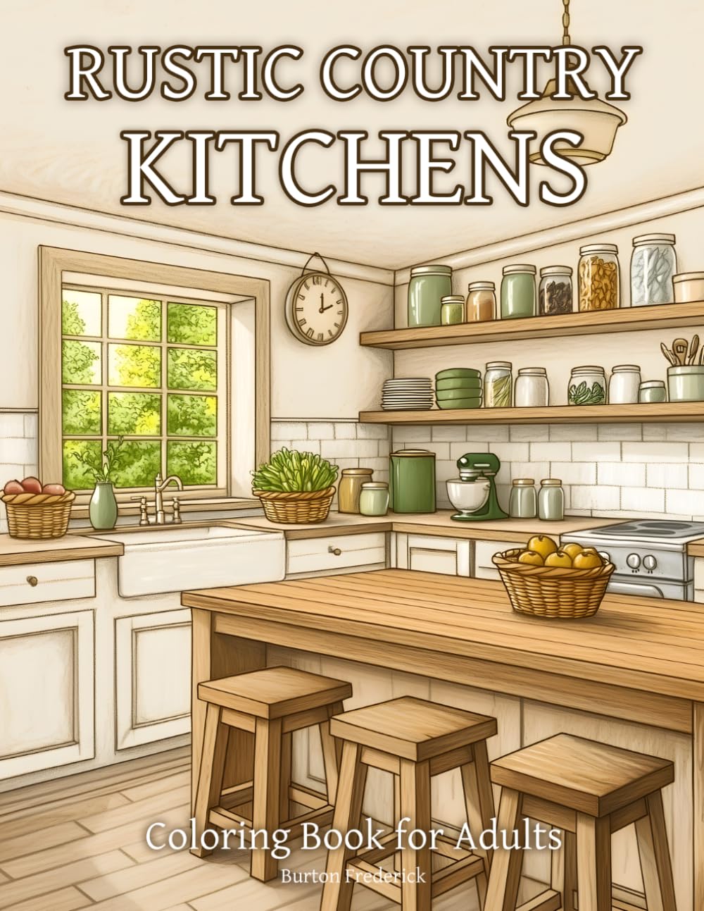 Rustic Country Kitchens: Coloring Book for Adults with Farmhouse Sinks, Wooden Tables, Open Shelves, Vintage Stoves, Cozy Pantries, and Rural Home Charm