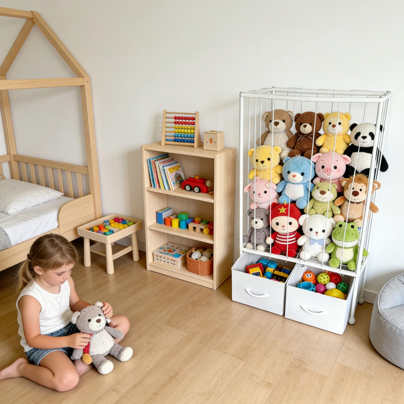 Large Stuffed Animal Storage Tower - Metal Stuffy Zoo with 2 Fabric Drawers & Wheels, Kids Toy Organizers and Storage for Nursery, Playroom & Bedroom (White) - 2