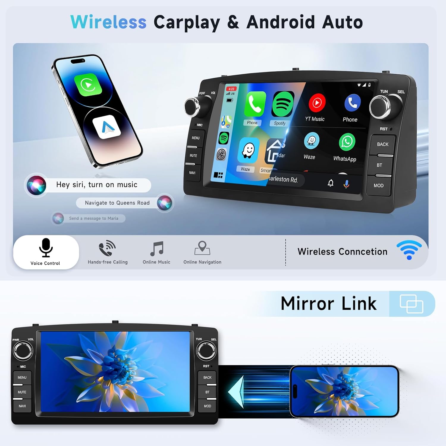 Car Stereo for Toyota Corolla E120 E130 2000-2008 [2+64G] Android Car Radio Wireless Carplay/Android Auto,7“ Touch Screen GPS WiFi Bluetooth FM/RDS Mirror Link SWC+ Backup Camera for Corolla Radio