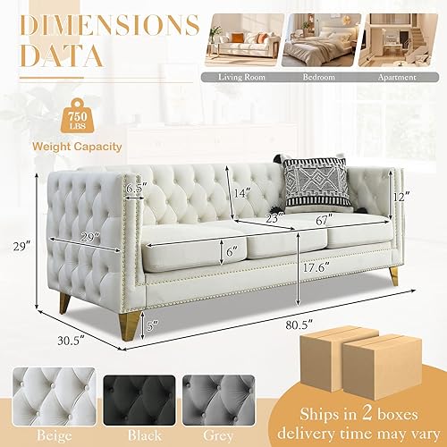 Miniatura 2 de Sofá Chesterfield, sofá moderno de terciopelo de 3 plazas con botón acolchado y ribete de tachuelas, sofá tapizado de asiento profundo, sofá grande