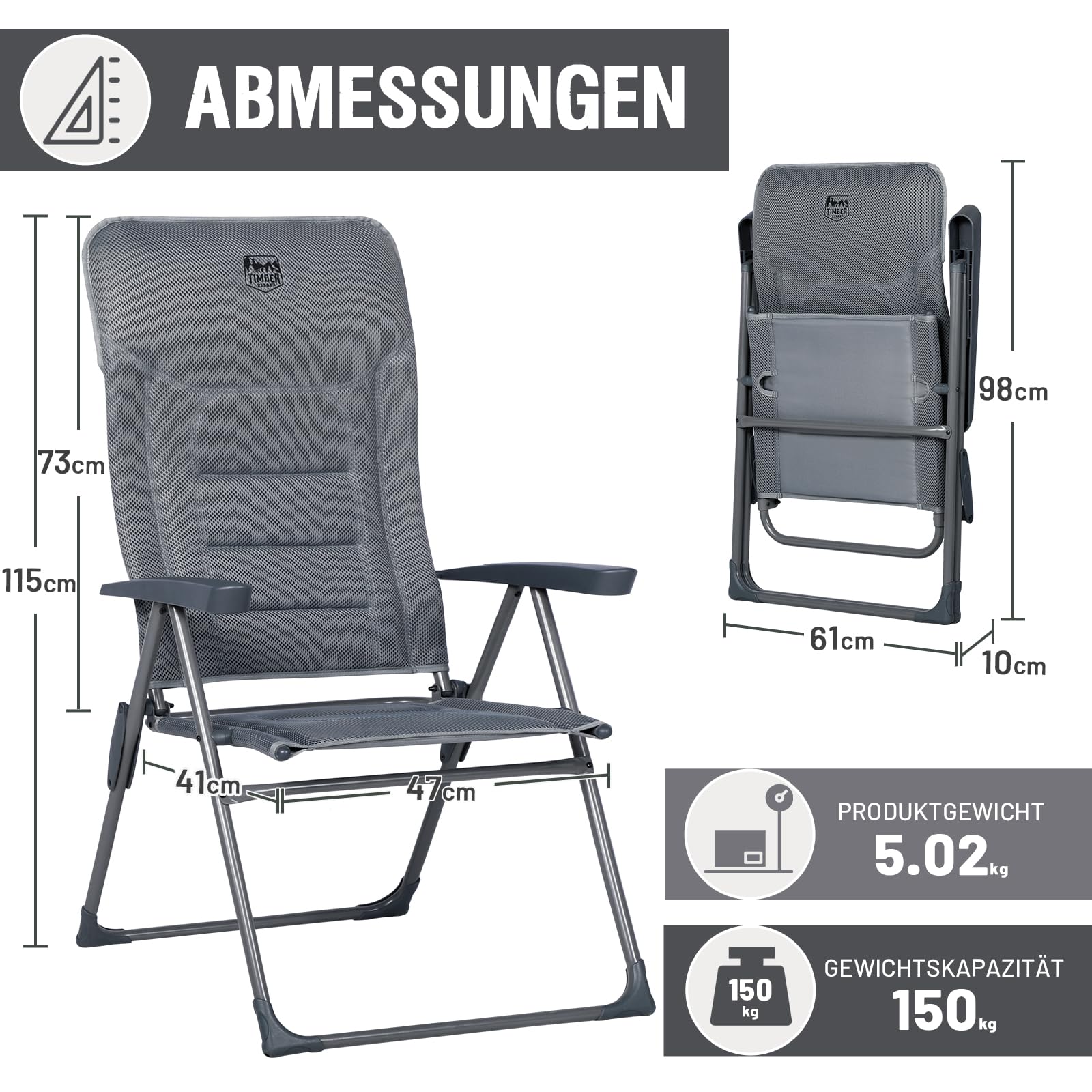 TIMBER RIDGE 2er Campingstuhl Faltbar mit Hoher Lehne Klappstuhl Luxus Gepolsterter Balkonstuhl mit 7 Positionen, Verstellbarer Gartenstuhl für Camp, Garten, Balkon Belastbar 150 KG Grau