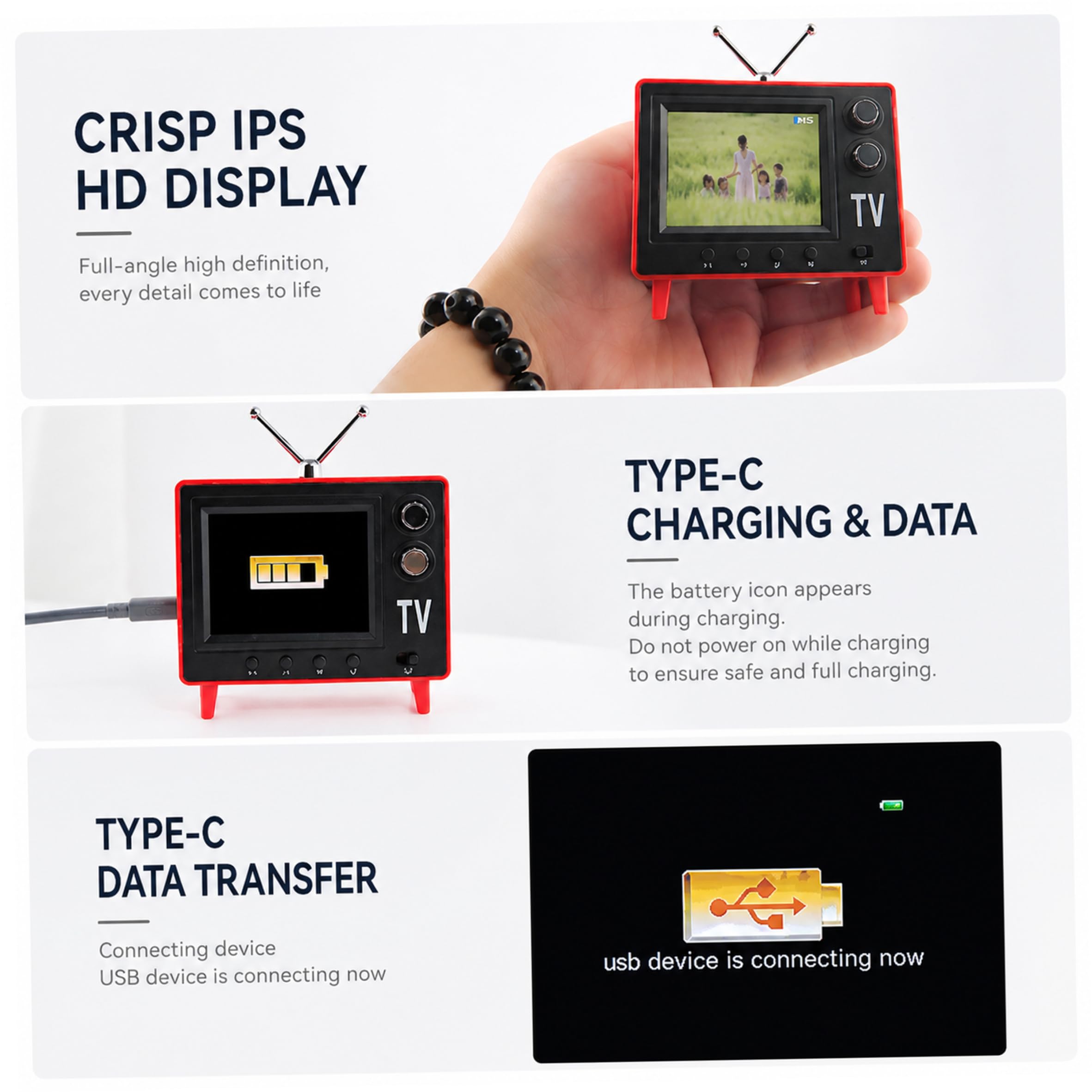 Mini TV Rétro 1:12 – Écran 720p – 8 Go – Autonomie 8h – USB + Casque – Décoration Maison De Poupée – Rouge/Bleu/Orange