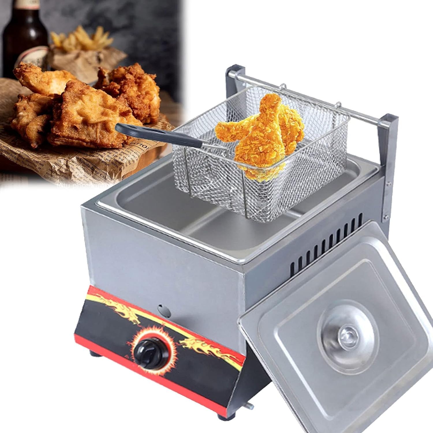 Friggitrice a GPL da Piano di Lavoro, Friggitrice a Gas di Grande capacità 11L/22L, con Cestello E Coperchio, Potenza di Fuoco Regolabile, per Patatine Fritte,Acciaio Inossidabile Spesso