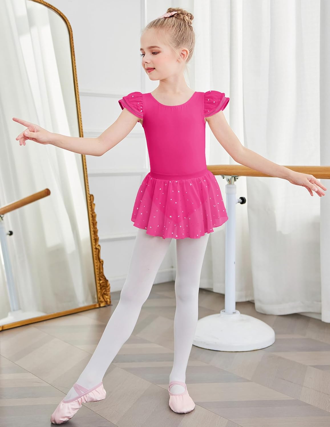 Zaclotre Girls Ballet Leotards with Removable High Low Skirt Toddler Ruffle Sleeve Hollow Back Dance Outfit Combo - Image 3