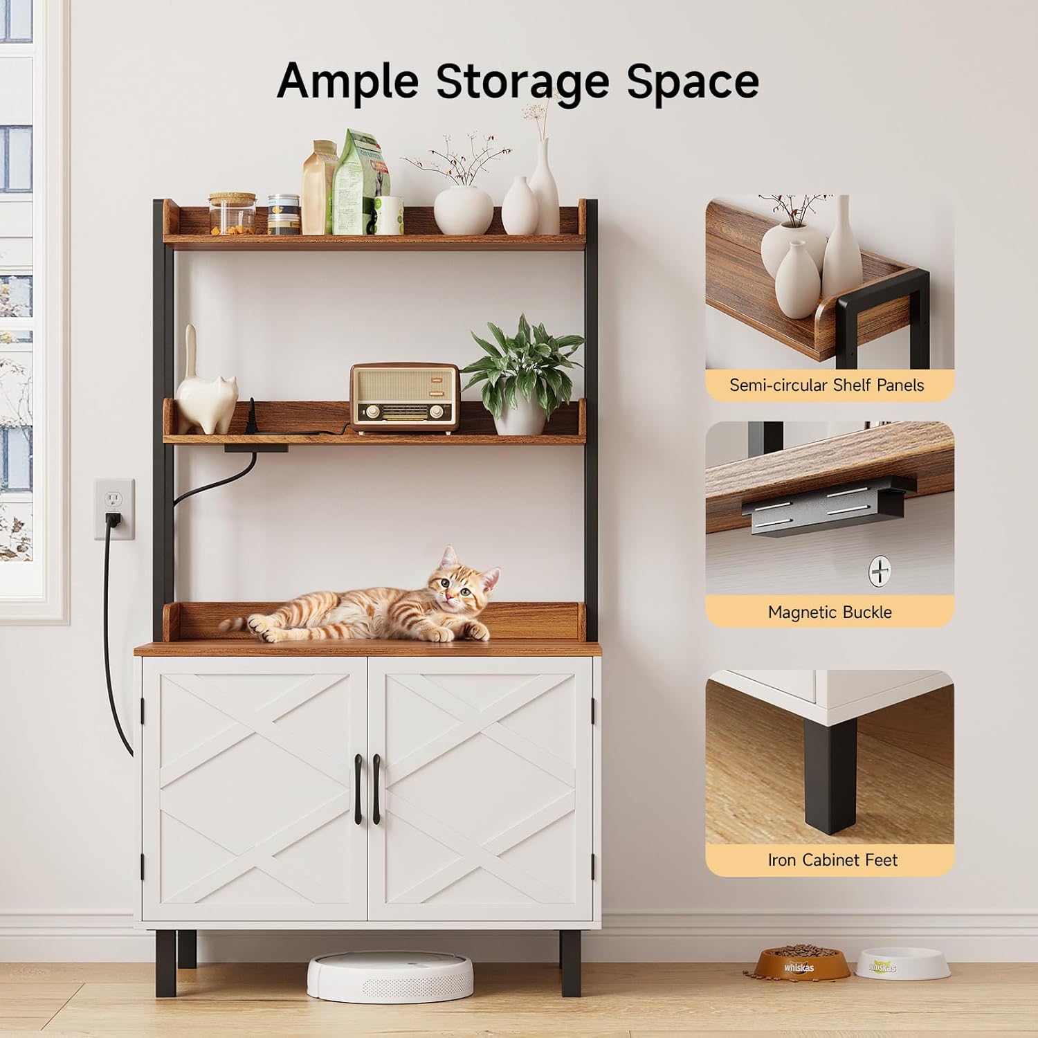 ONBRILL 55 Inches Cat Litter Box Enclosure, Hidden Litter Box Furniture with 2 Storage Shelves and Charging Sockets, Wooden Cat House, Large Indoor Cabinet for Living Room & Entryway, White