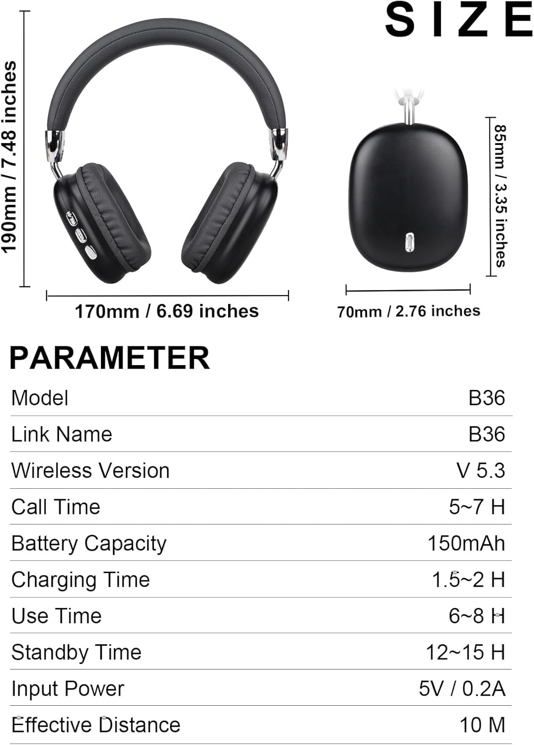 YGVCDRY B36 Headphones size and parameter table showing model, wireless version, battery, and other technical details.