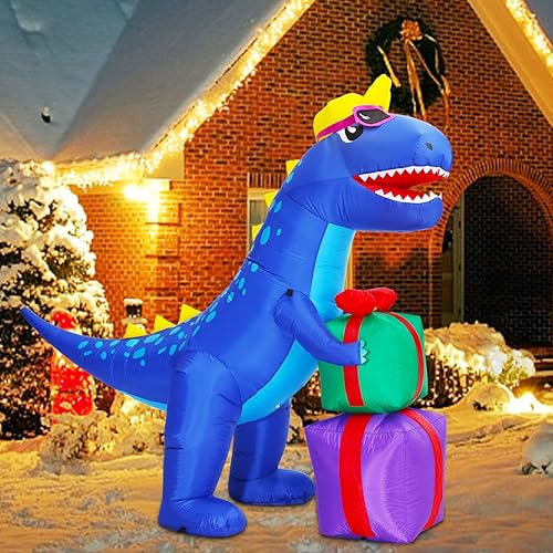 Decalare Dinosaurio inflable de Navidad de 5 pies con luz LED integrada, decoración de jardín, dinosaurio de Navidad, regalo para vacaciones en