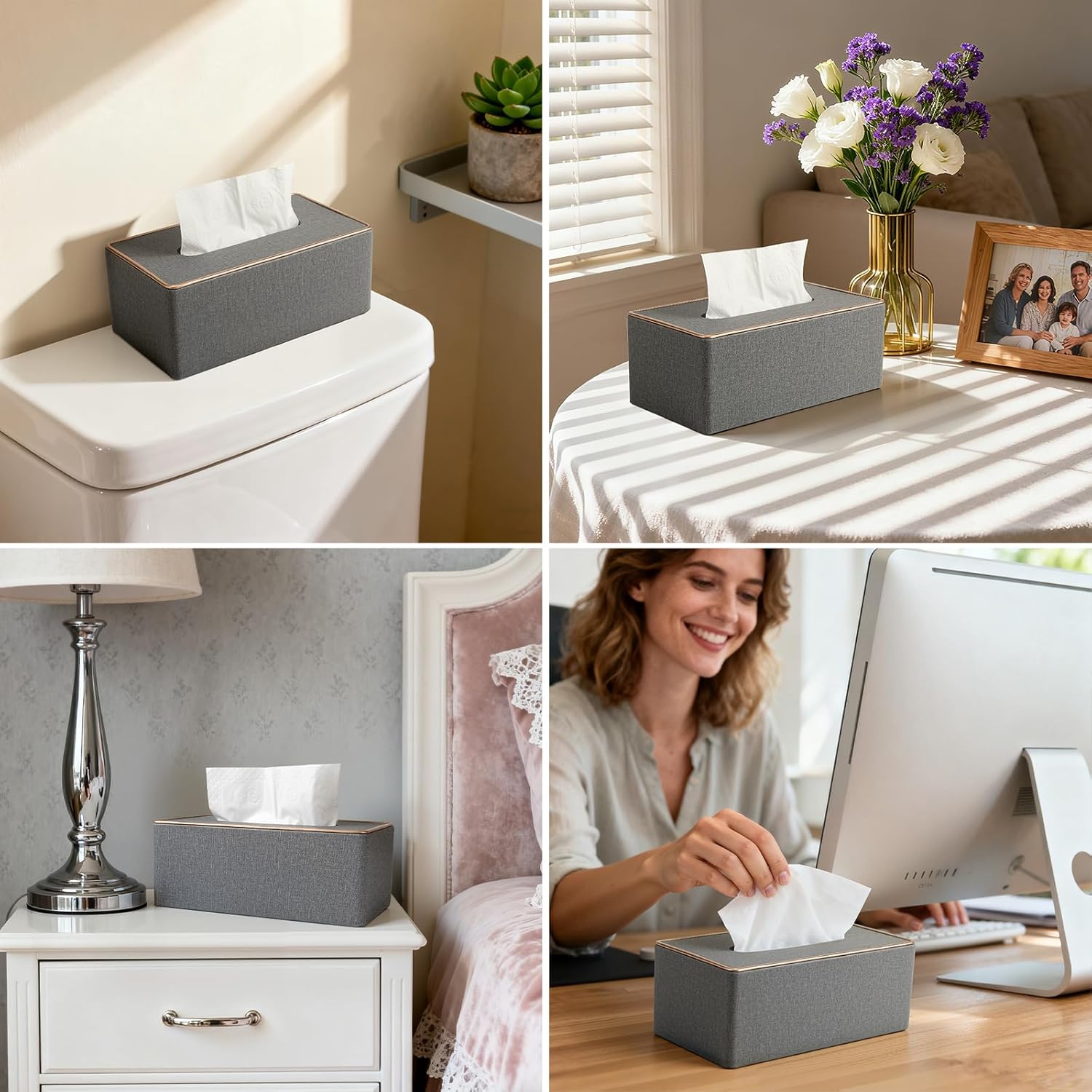 4 Pack Rectangular Tissue Box Cover, Beige PU Leather Tissue Holder for Standard Facial Tissues, Decorative Rectangle Napkin Tissue Box Case for Bathroom, Living Room, Bedroom, Office, Home Décor