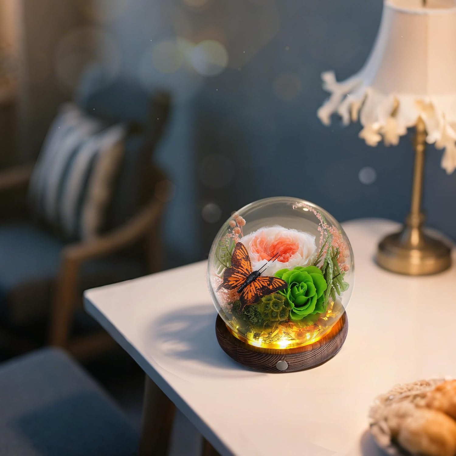 Long-Lasting Real Preserved Flowers in Glass Dome - Unique Starfish or Butterfly Eternal Roses Gift with LED Lights for Women Monther Indoor Decoration, Butterfly and Orange Green Rose