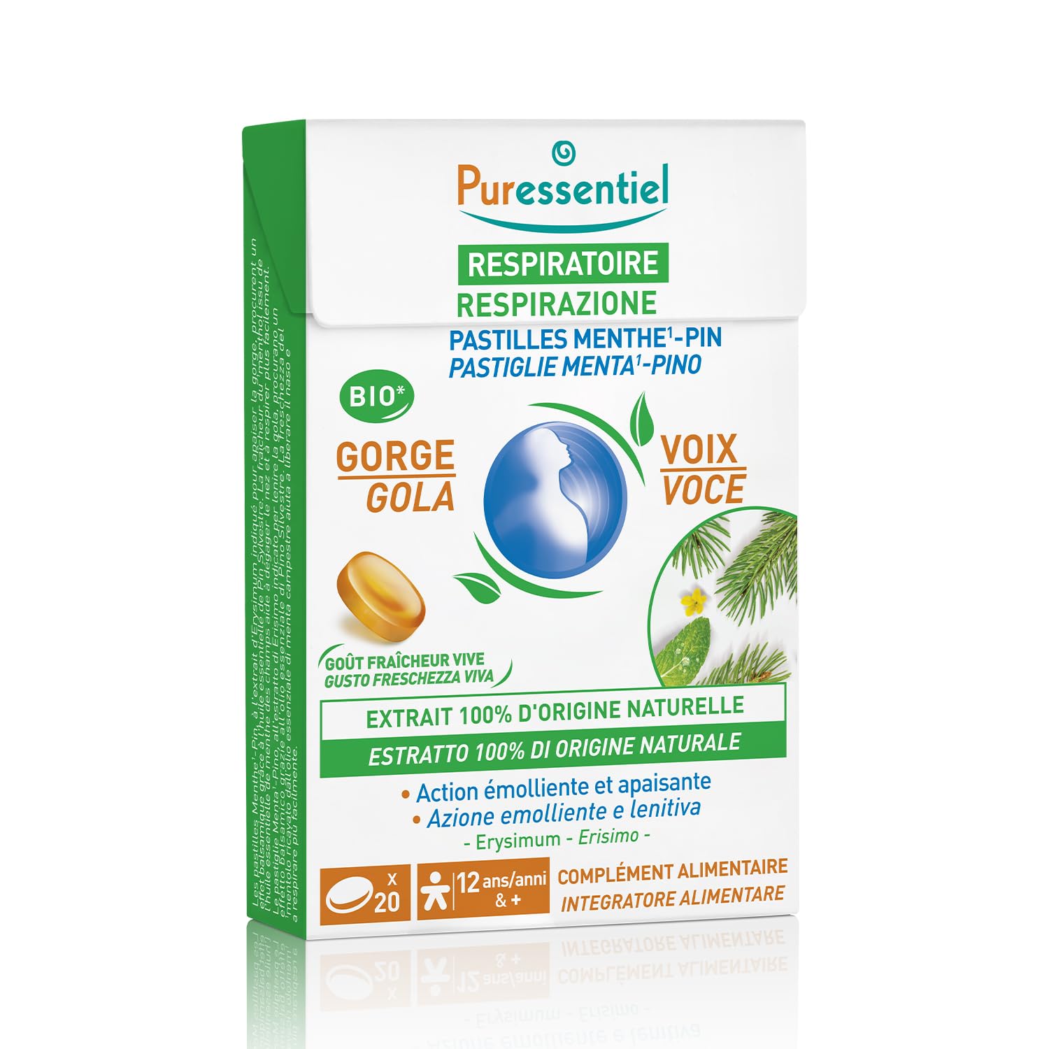 Puressentiel - Respirazione Pastiglie Gola Voce Menta Pino – All'Estratto di Erisimo – Procurano un effeto balsamico – Aiutano a liberare il naso – Dai 12 anni – 20 Pastiglie