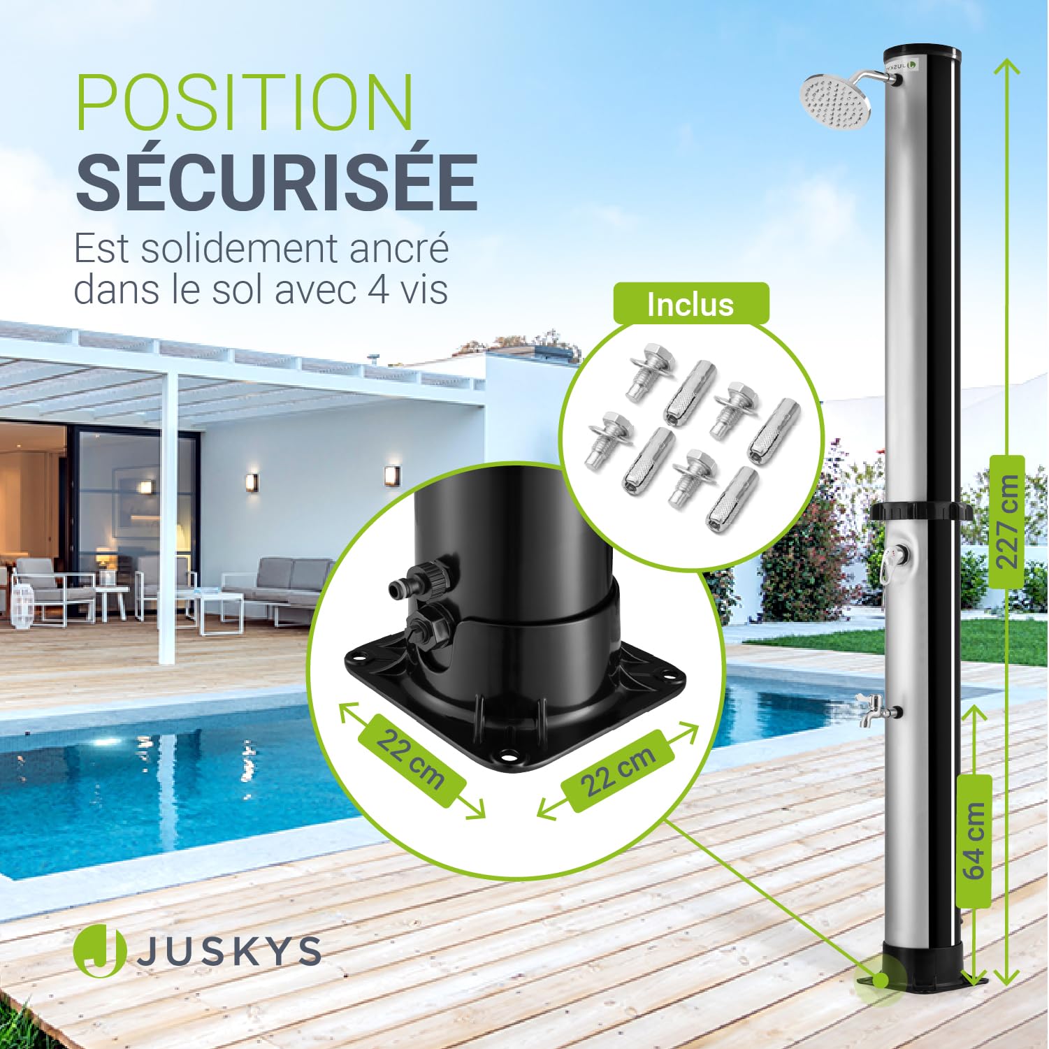 Juskys Douche Solaire exterieure Victoria 40 litres - jusqu'à 60 °C - Pommeau de Douche pivotant, Douche de Pied et raccord pour Tuyau d'arrosage - Douche de Jardin Douche Piscine exterieure