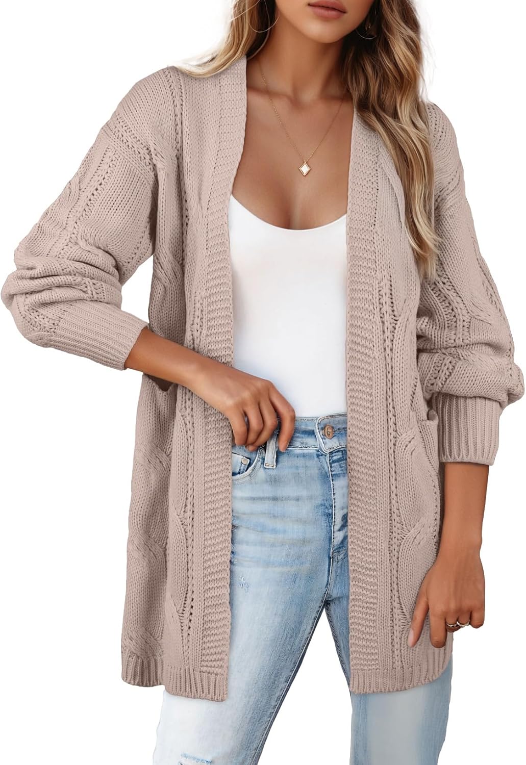 SHEWIN Womens Open Front Long Sleeve Oversized Cardigan Sweaters Knit Coats with Pockrts X-Large Apricot