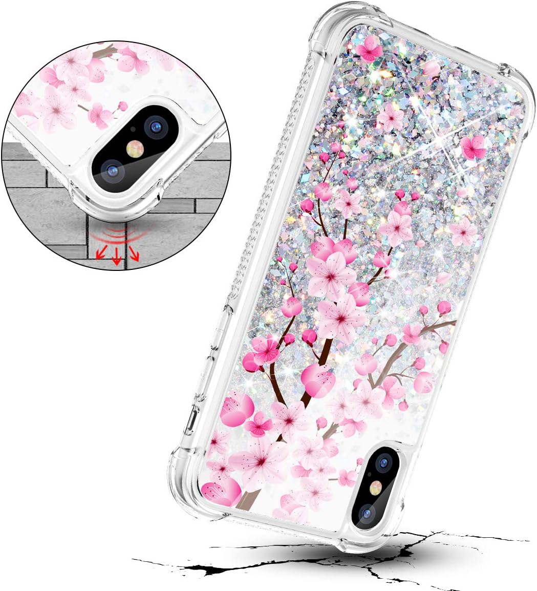 Caka Case for iPhone Xs Max Glitter Case Flower Girly Girls Women Bling Liquid Sparkle Fashion Luxury Flowing Floating Cute Glitter Soft TPU Blossom Case for iPhone Xs Max (Cherry)