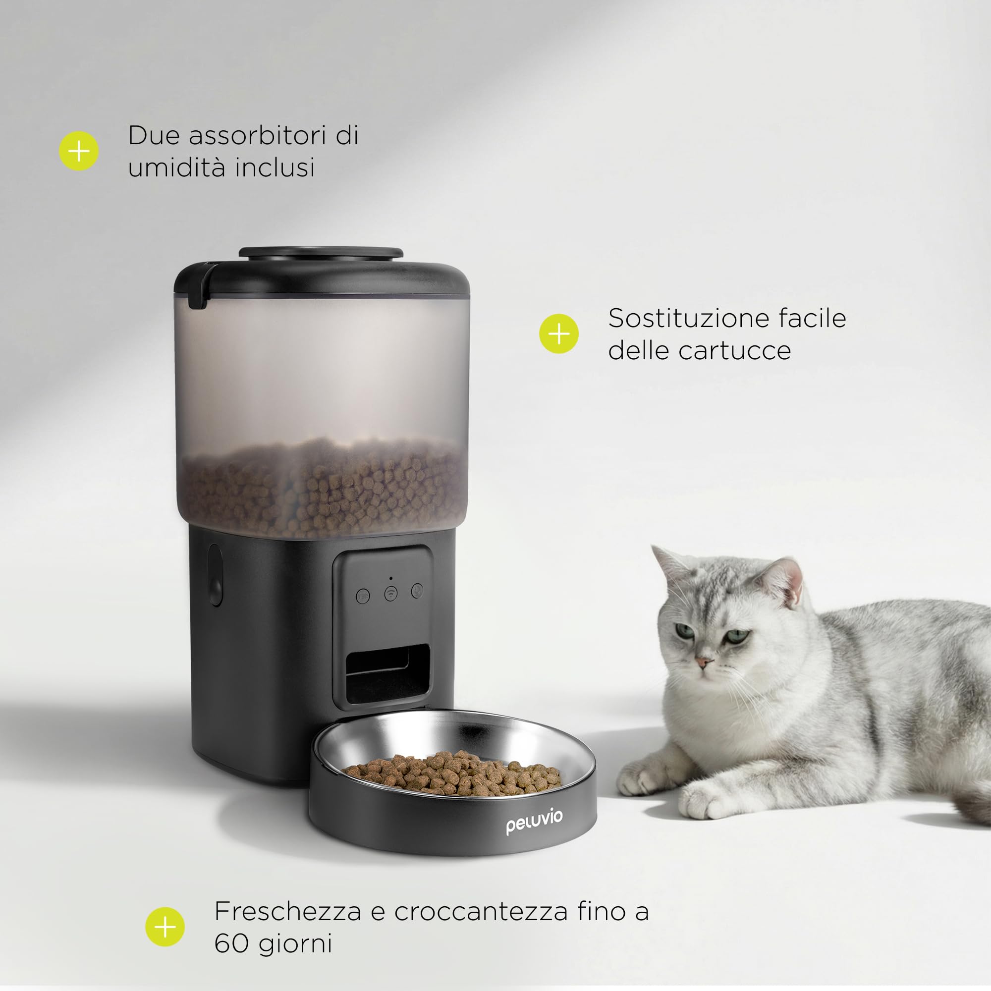 CRISPY WI-FI Distributore Automatico Cibo Gatti e Cani WiFi con App, 4,5 L, Programmabile Timer e Porzioni, Registrazione Vocale, Ciotola in Acciaio Inox, Cavo e Batterie, Cavo 2,5 m (Nero) | Per Cani e Gatti, App, Timer e Porzioni Programmabili, Registra