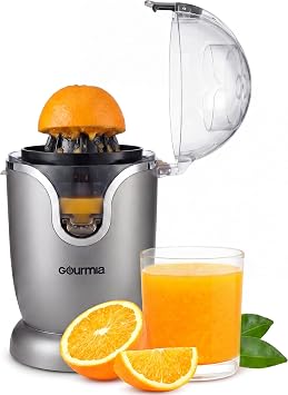 Gourmia Citrus Juicer - Automatic Juicer with 17 oz Capacity, One-Touch Operation, Universal Cone, Anti-Drip Spout, Dishwasher-Safe Accessories, Compact Quiet 60W Motor