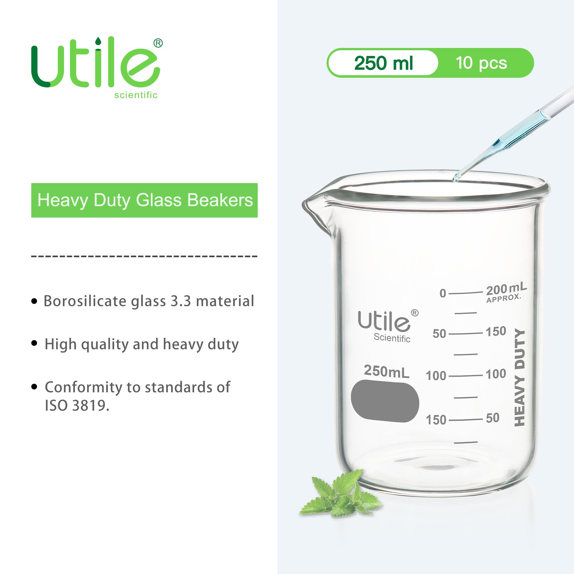 Utile 10pcs of Heavy Duty Glass Beakers, Vol.250m(8.5oz), Borosilicate 3.3 Glass with Double Scaled Printed Graduation, 4046.0250.10
