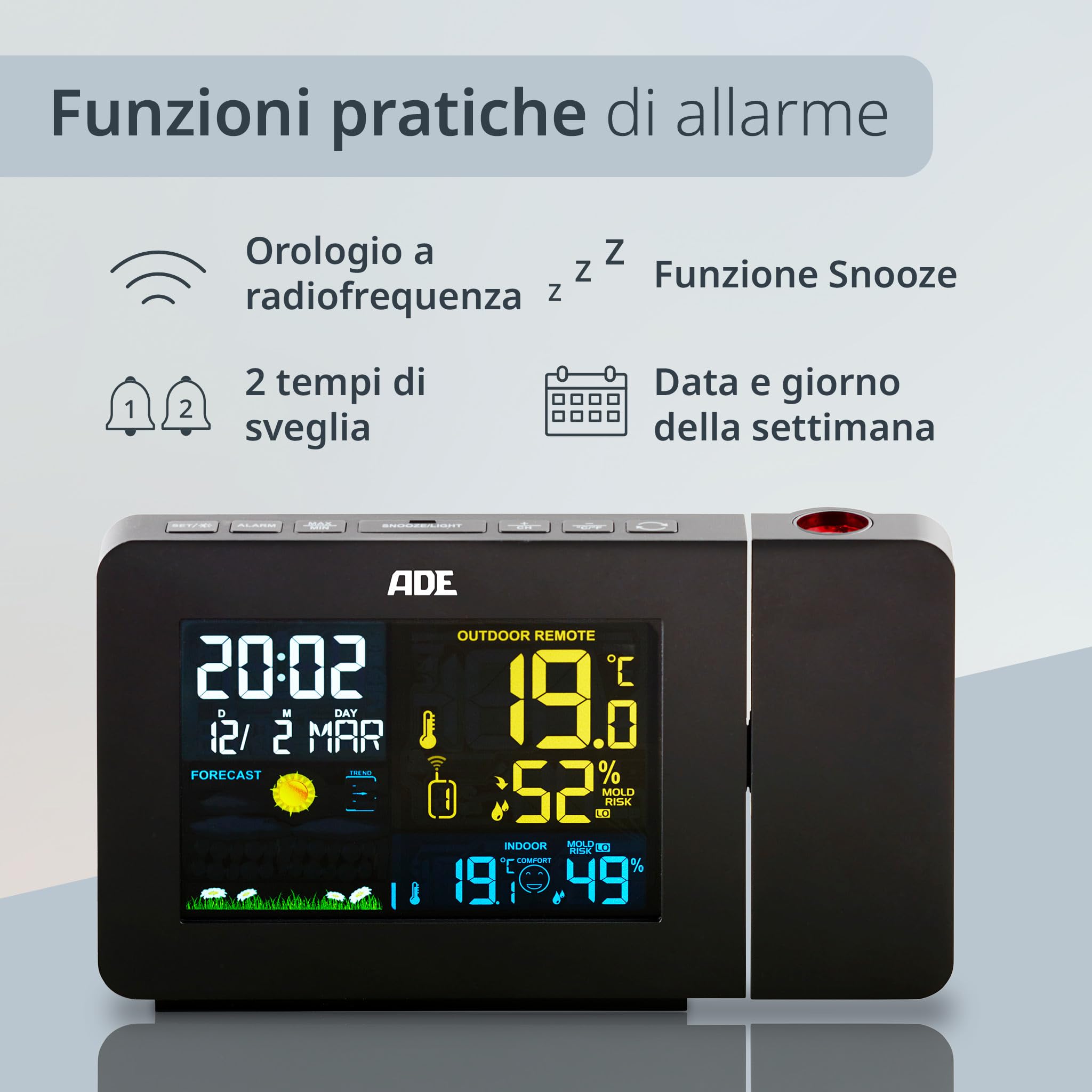 ADE Stazione meteo con sensore esterno a proiezione e wireless | termometro, igrometro, indicatore del clima interno | display LCD illuminato | radiosveglia con segnale orario DCF e calendario | nero