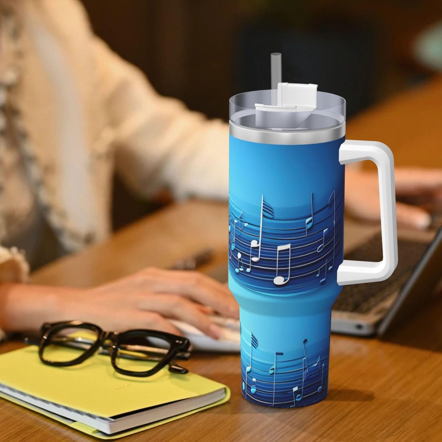 40 OZ Sky blue musical notes Print Ice Bully Cup with Handle Straw Lid Straw,Stainless Steel Tumbler Coffee Cup