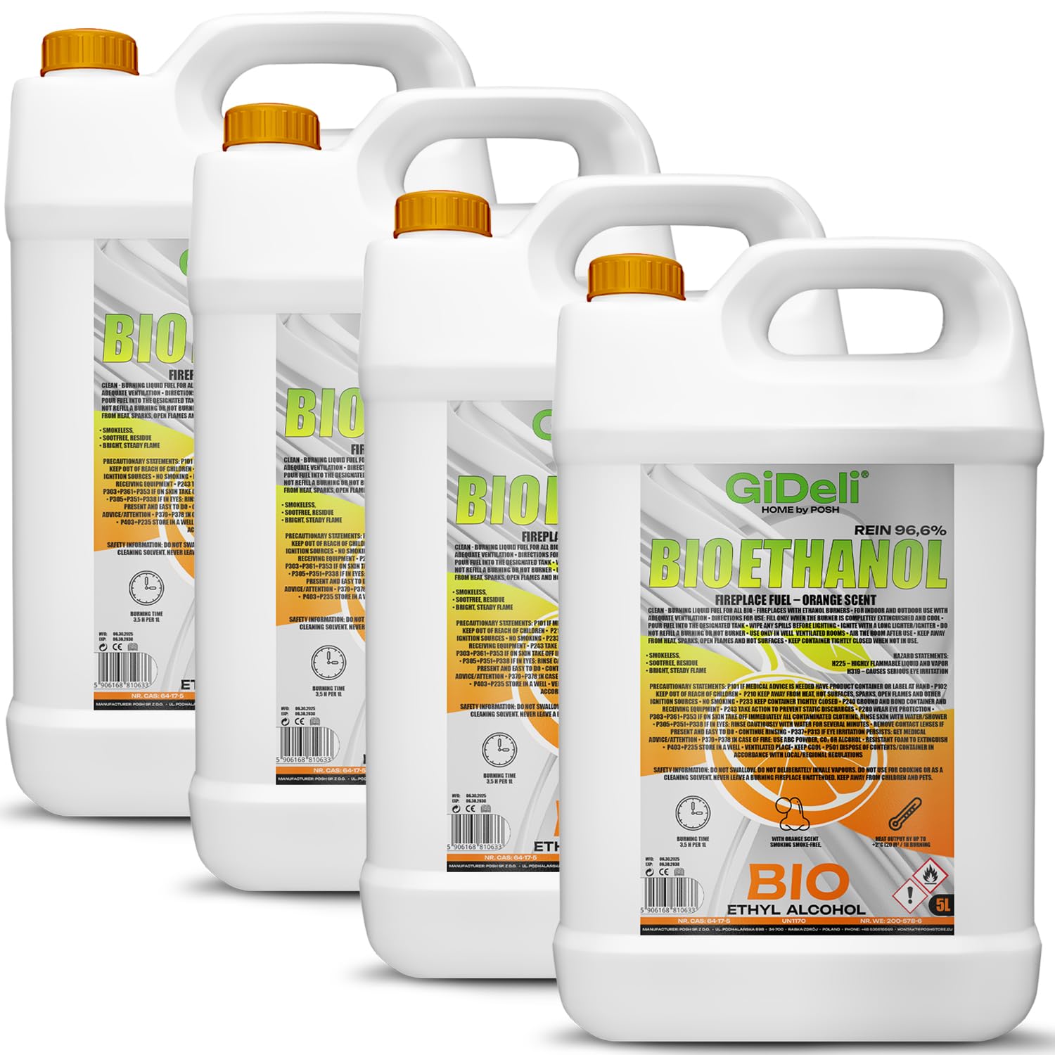 GiDeli Bioetanolo, 4 x 5 l, profumo d'arancia, 96,6% etanolo, per camini interni ed esterni, senza fumo e fuliggine, da mais e barbabietola da zucchero